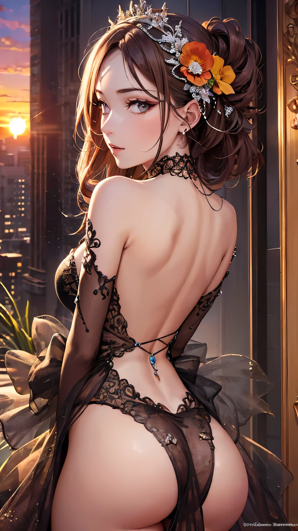 ((highest quality)),(ultra high resolution),(Super detailed),(detailed description),((best CG)),(best work of art),super precision art,amazing drawing art,(Art with precise details:1.5, (lady:1.6),(beautiful and well-shaped face:1.3),(A detailed backless dress:1.8),(Fine and glossy back 1.8),(buckshot:1.6), (sunset sky:1.8)