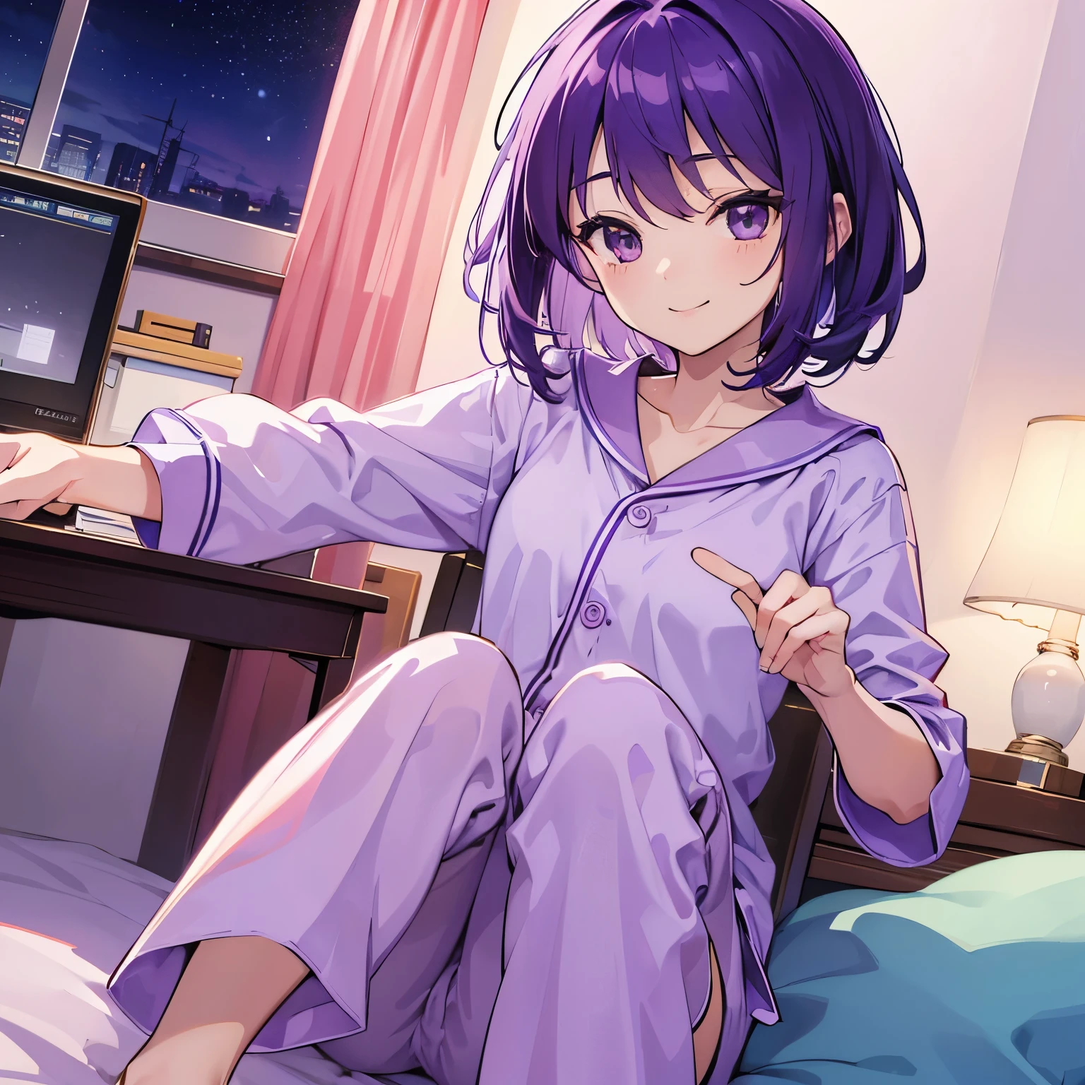 (T Masterpiece,4K wallpaper,Best Quality))、((girl1people))、(solo)、Bright and Brilliant,(Purple Hair)、(Shortcuts:1.3)、smile、Bedroom、pajamas、night