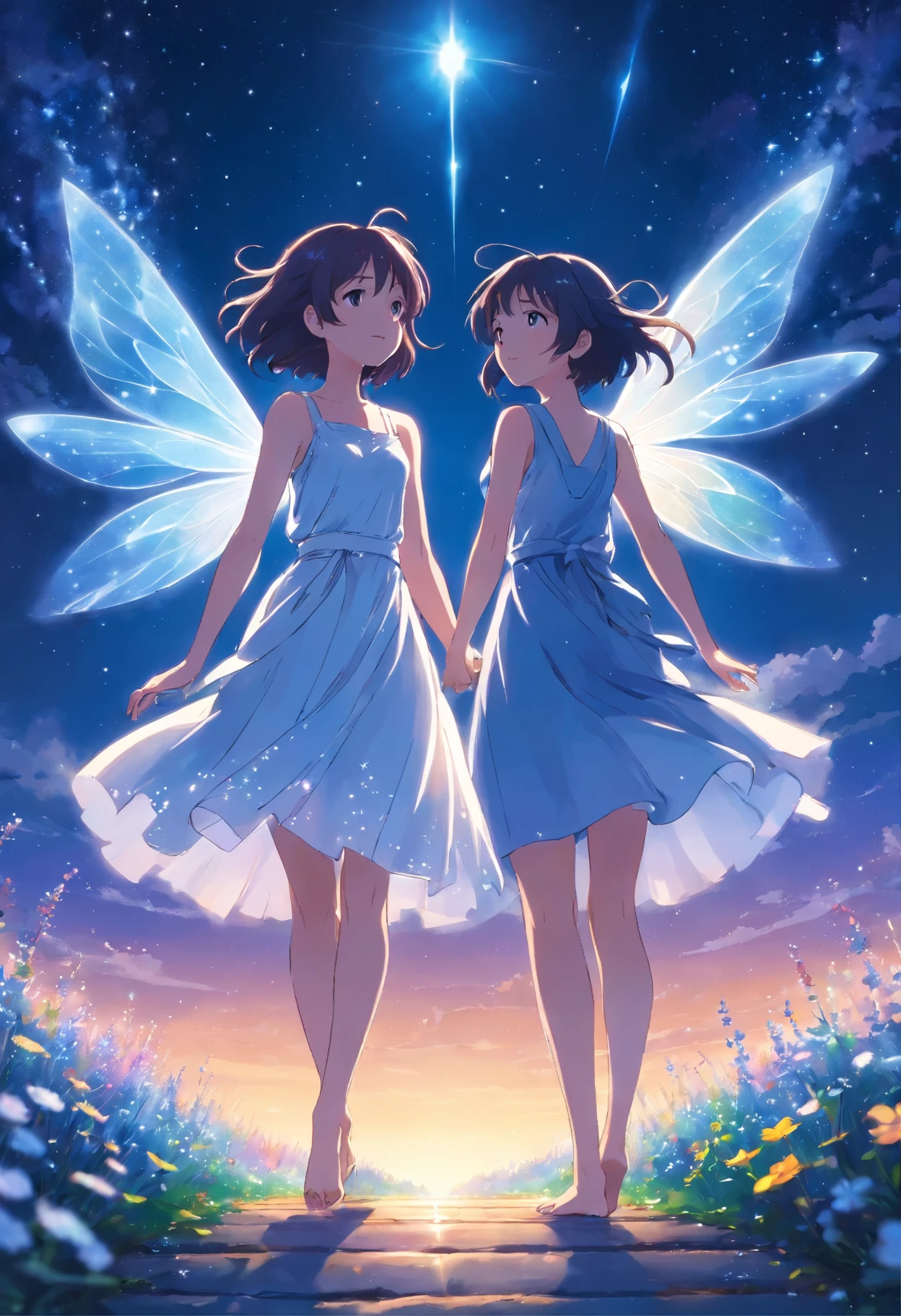 Two fairies, their gossamer white dresses shimmering in the moonlight, danced through a vibrant tapestry of wildflowers. Fireflies, like living embers, twinkled around them, illuminating the fairies' wings - a kaleidoscope of colors that rivaled the magnificent rainbow arcing across the night sky. The fairies' long, flowing hair, like spun moonlight itself, caught the starlight as they glided effortlessly, their joy and grace radiating outward. The deep indigo of the night sky twinkled with a million tiny diamonds, a breathtaking backdrop to their whimsical flight.
