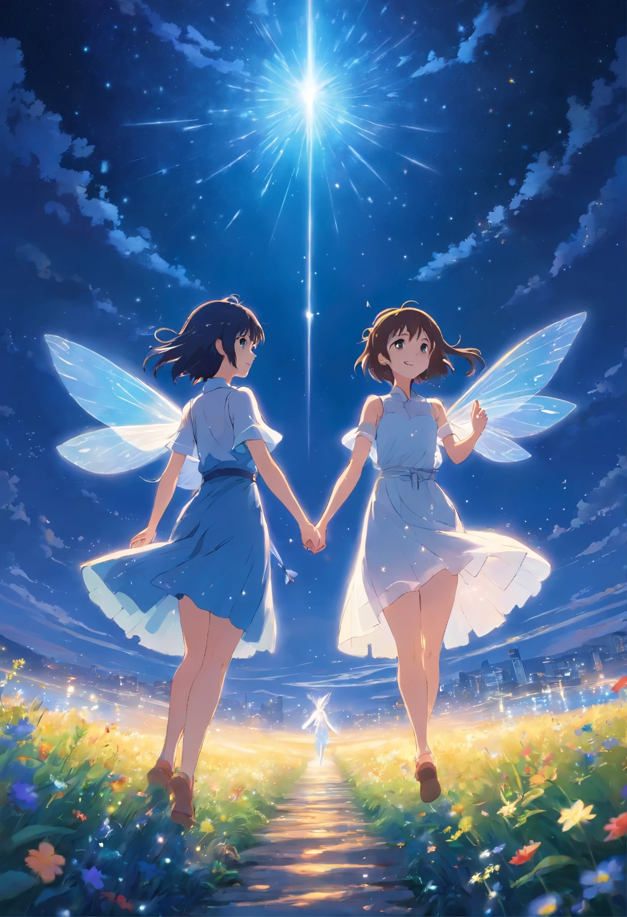 Two fairies, their gossamer white dresses shimmering in the moonlight, danced through a vibrant tapestry of wildflowers. Fireflies, like living embers, twinkled around them, illuminating the fairies' wings - a kaleidoscope of colors that rivaled the magnificent rainbow arcing across the night sky. The fairies' long, flowing hair, like spun moonlight itself, caught the starlight as they glided effortlessly, their joy and grace radiating outward. The deep indigo of the night sky twinkled with a million tiny diamonds, a breathtaking backdrop to their whimsical flight.