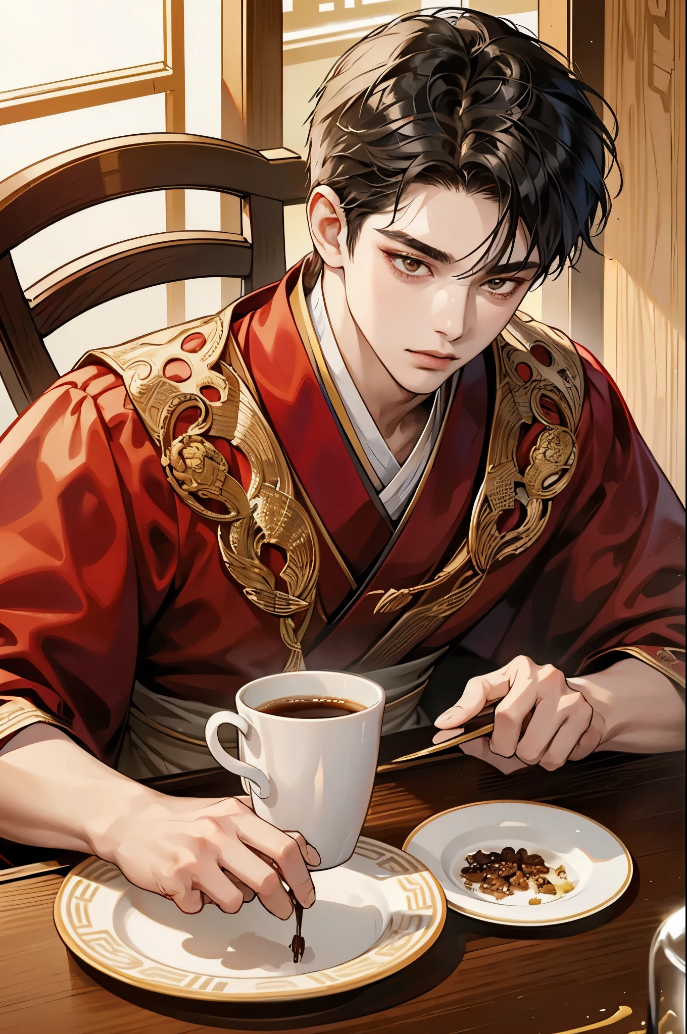 a close up of a woman sitting at a table with a cup of coffee, palace ,a boy in hanfu, a young man as genghis khan, beautiful oriental male, chinese male, chinese boy, chinese prince, an asian man, a young asian male, ancient chinese prince, asian male, wearing ancient chinese clothes, traditional beauty, young asian boy