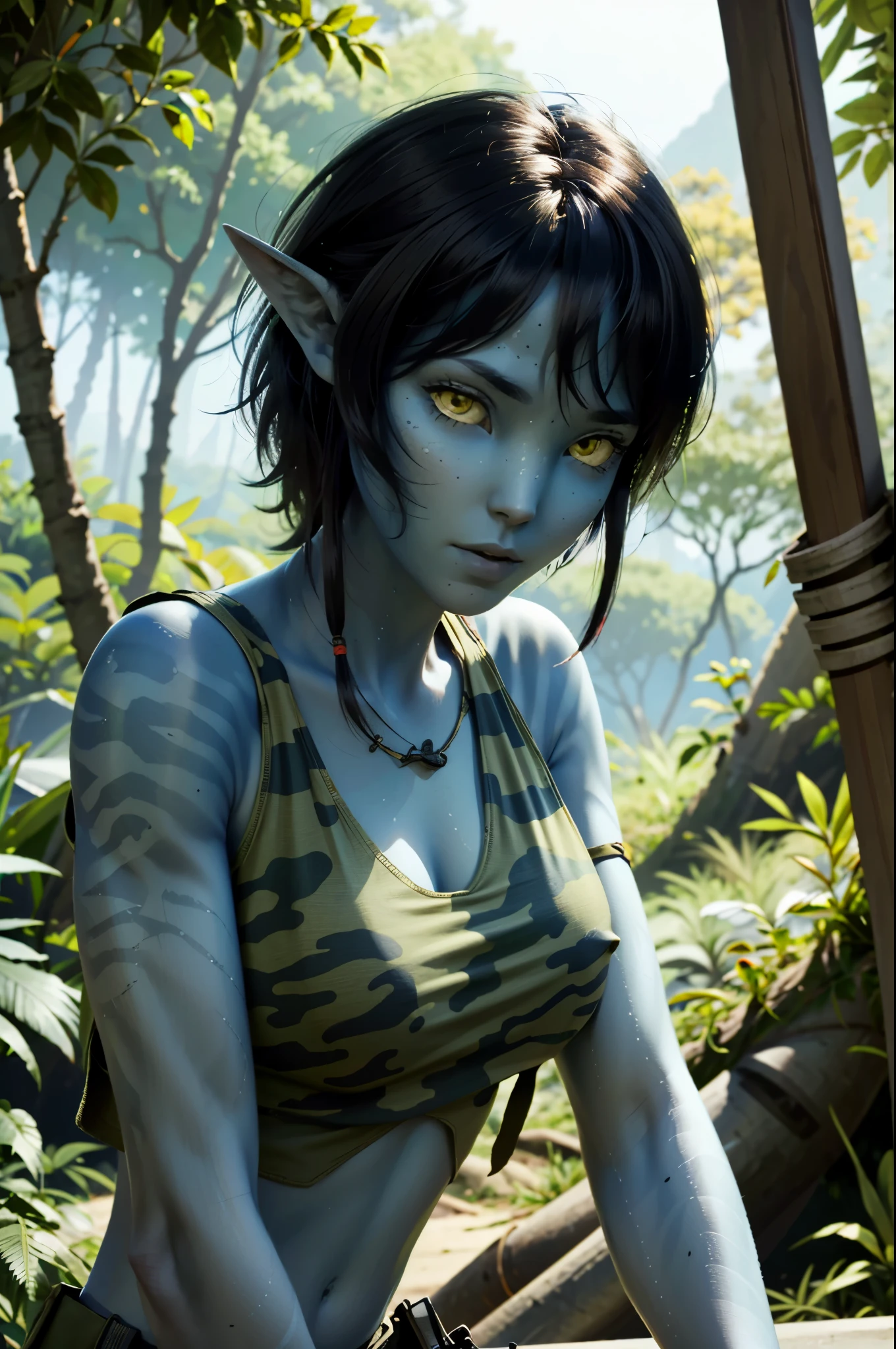 ((ultra detailed, masterpiece, absurdres))
 AvKiri, 1girl, blue skin, yellow eyes, black hair, short hair, portrait, huge round breasts, perfect nipples, in the forest, army, wearing adventurer suit, camoflage, exploration, crop top