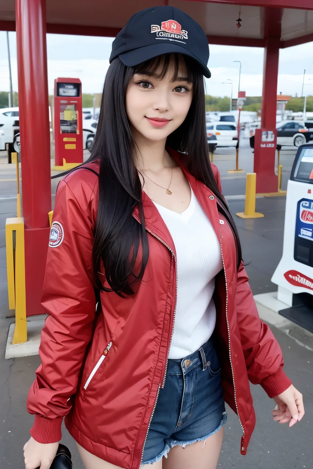 highest quality, masterpiece, 8k, ultra high resolution, (realistic: 1.4), 1 girl, beautiful face, symmetrical eyes, big, perfect body proportions, ((long black hair))、((Bangs Patsun)), gas stationの店員、(red jacket、cap、gas stationの制服)、the gaze of the beholder, ((gas station: 1.5)), Front view, Absolute area (1.3),friendly smile、cowboy shot