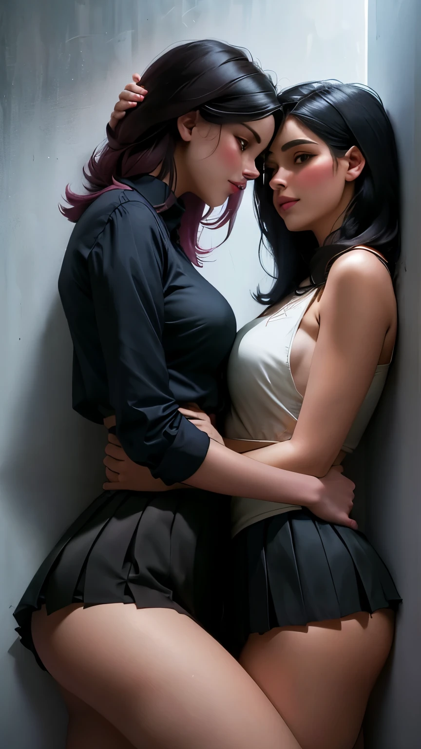 In an intimate and NSFW moment, the two eighteen-year-old girls found themselves pressed against each other, their bodies close enough to feel the heat radiating between them. One girl with waist long black hair was pinned against the wall, her arms raised above her head, surrendering to the other's touch. The other girl with short pink hair held her waist, her hand sneaking under the skirt, their gazes locked deeply into each other's eyes. With seductive expressions playing on their faces, they explored this forbidden moment, their hearts racing with desire. Both girls wear pleated 