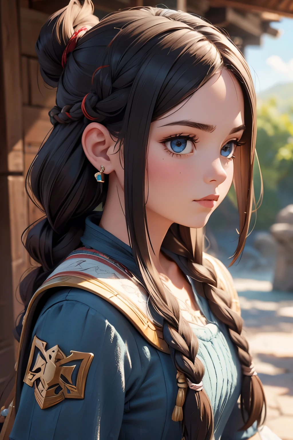 Mujer, vikingo adolescente, dos trenzas largas azules, illustration, cabello rubio, arte al estilo de Disney, (detalles intrincados:1.12), HDR, (textura natural de la piel, hiperrealismo)