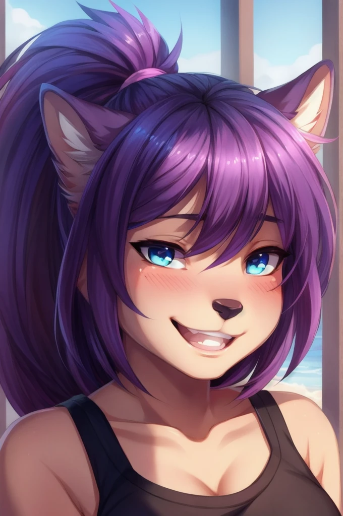 solo, uploaded the e621, detailed portrait of a female anthro Rabbit, zenematic lighting, standing, smug smile, (half-closed eyes), purple Hair, purple Tail, (blue bikini, Fishnet stockings, spiked collar, spiked wristband), (cyan eyes), looking at the viewer, (medium breasts, hips), (rabbit), (beach, sunny day), (purple body, two-tone fur), extremely detailed, extremely detailed legs, extremely detailed arms, extremely detailed face, perfectly detailed eyes, perfectly detailed anatomy), perfect lighting