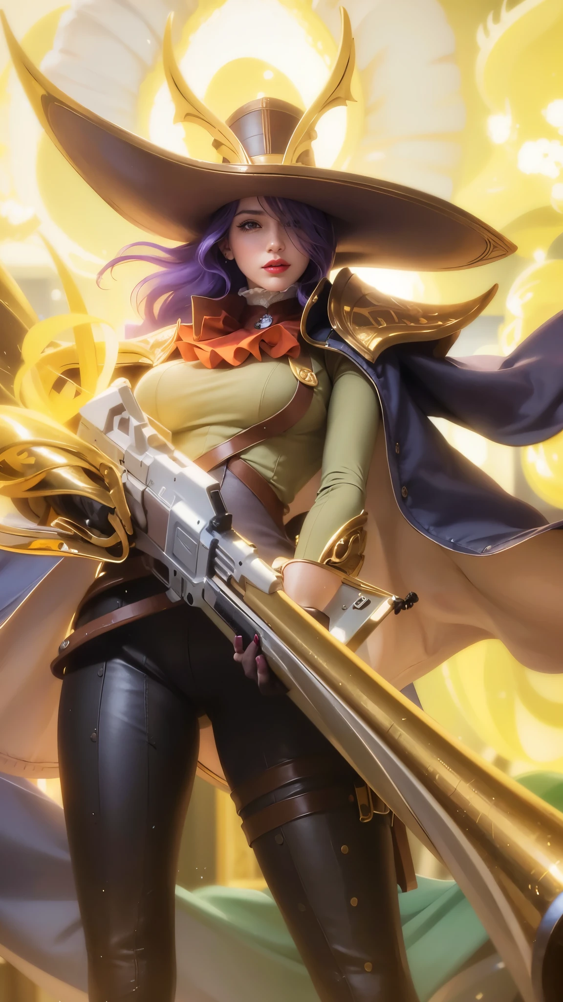 a close up of a woman with a gun in her hand, purple long hair, red lips glossy, 8k, ultra hd, ultra detailed texture, hyper realistic, masterpiece, detailed texture, detailed face, detailed skin, detailed lighting, (photorealistic:1.5), best quality, beautiful lighting, cinematic lighting, professional lighting, ultra highres, realistic, detailed hair, real hair, high quality, (realskin:1.5), extremely detailed, finely detail, ultra-detailed