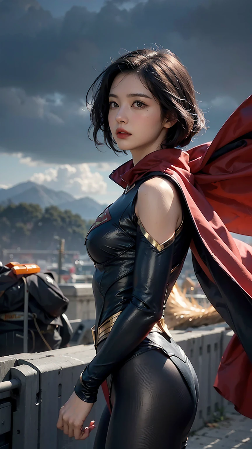 Woman wearing detailed SuperMan costume with full sleeves covering the entire body, short black hair, serious face, (flying in sky), vivid colors, dramatic lighting, red cape, cinematic costume, carbon fiber detailed suit,