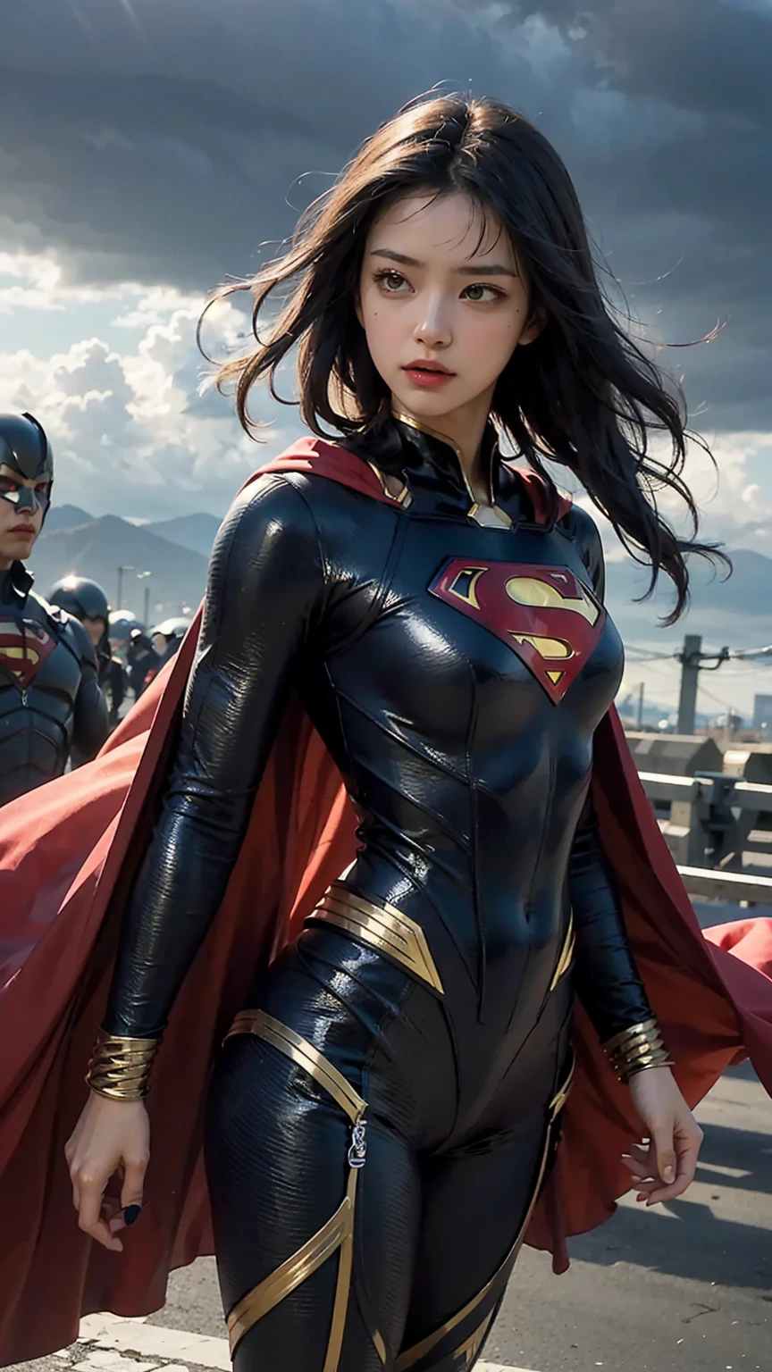 Woman wearing detailed SuperMan costume with full sleeves covering the entire body, short black hair, serious face, (flying in sky), vivid colors, dramatic lighting, red cape, cinematic costume, carbon fiber detailed suit,