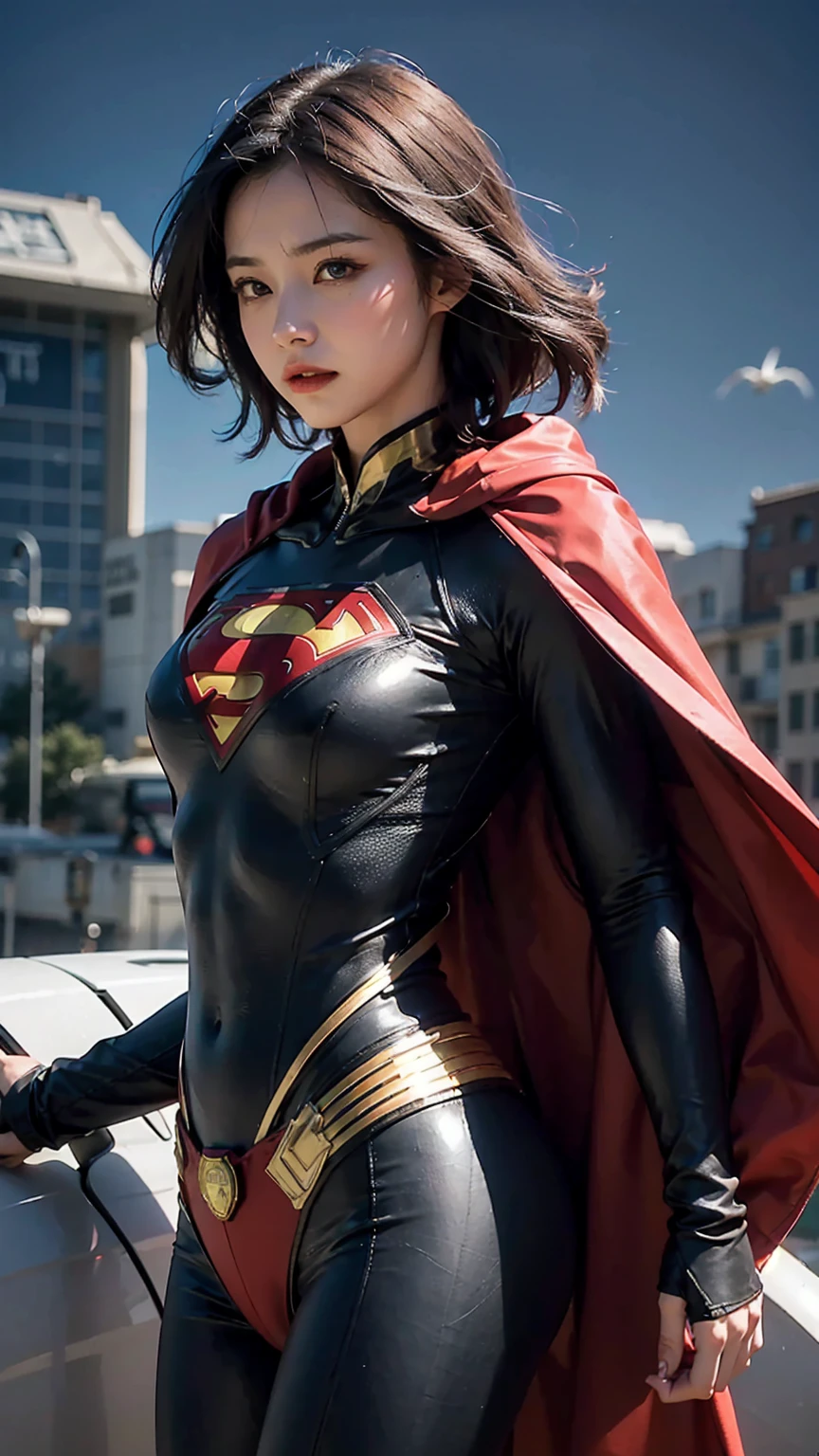 Woman wearing detailed SuperMan costume with full sleeves covering the entire body, short black hair, serious face, (flying in sky), vivid colors, dramatic lighting, red cape, cinematic costume, carbon fiber detailed suit,