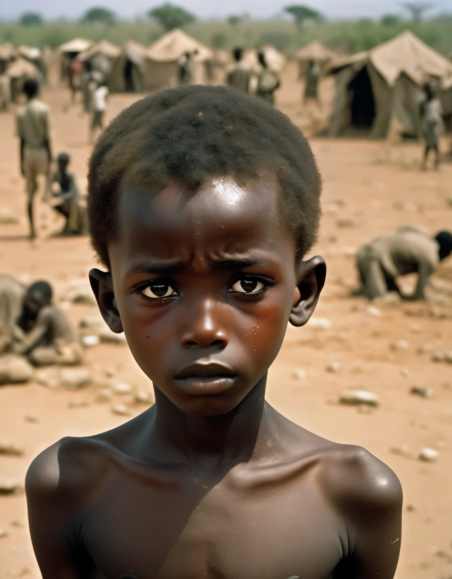 Output: (best quality,4k,highres,masterpiece:1.2), African boy refugee, burst into tears，heavily malnourished, protruding ribs, sunken face, eyes filled with fear and countless tears, completely naked, depicting the most desperate scene in the African continent, subverting people's perception in the most straightforward way. In 1993, Sudan fell into a terrifying crisis, where the barren land was covered with yellowing weeds and scattered bones. South African photographer Kevin Carter.