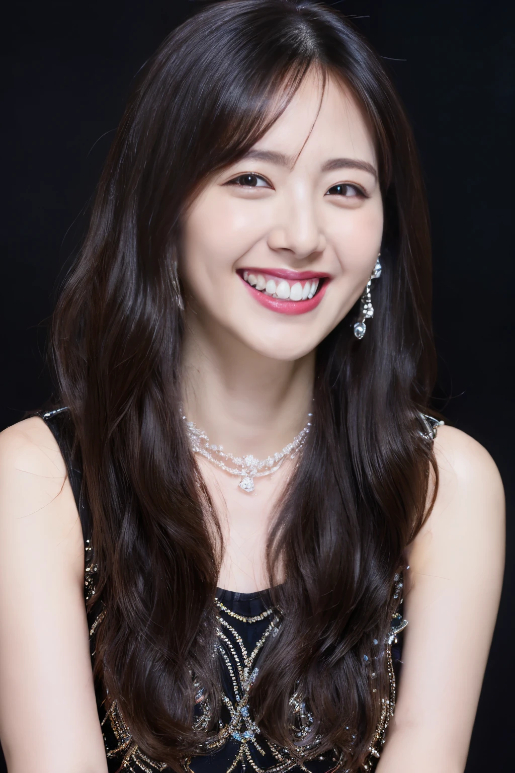 highest quality, masterpiece, ultra high resolution, (realistic:1.4),very detailed,professional lighting smile,black hair、toothy smile、black hair、ear piercing、necklace around neck