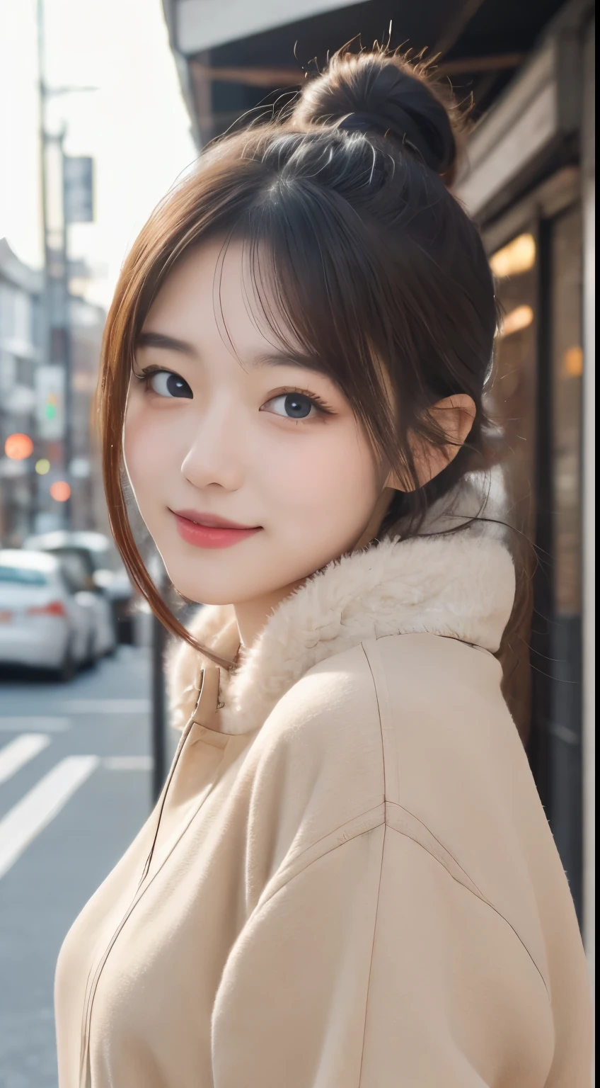 table top, highest quality, figure, super detailed, finely, High resolution, 8k wallpaper, 完璧なダイナミックな構figure, detailed and beautiful eyes, Women's Fashion Spring、medium hair,small breasts natural color lip,smile,Harajuku、20 year old girl、cute、sexy shot looking at camera,Fur clothing、ponytail