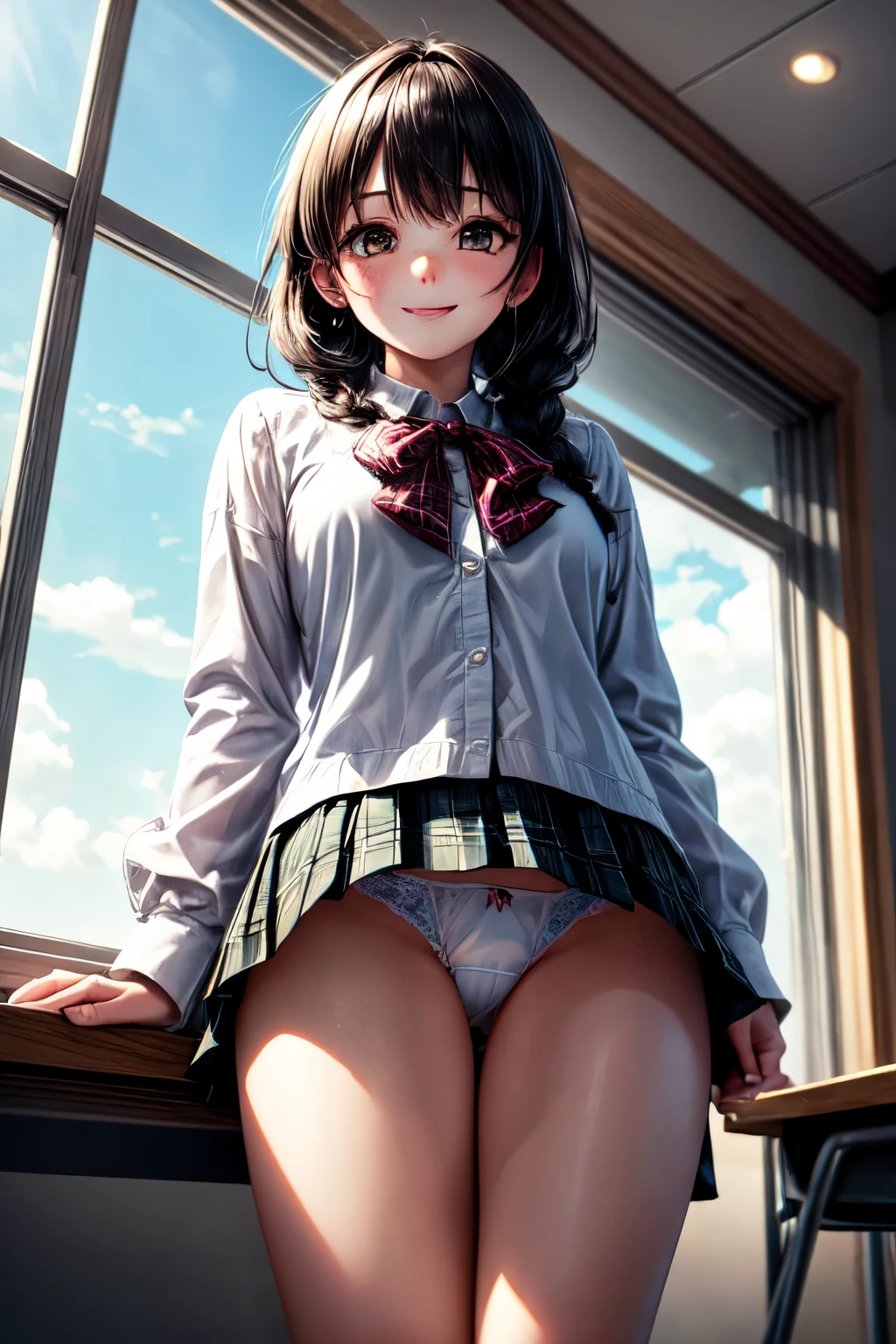 very cute and beautiful girl,(highly detailed beautiful face),
(smile),blush,black hair,twin braid,white blouse,ribbon,(pleated plaid mini skirt),standing,from below,(white panties),
wooden classroom,window,distant trees and town,
(best quality,masterpiece:1.2),absurdres,highres,ultra-detailed,extremely detailed,32k,8k resolution,
intricate details,cinematic scene,detailed background,solo,dynamic angle,