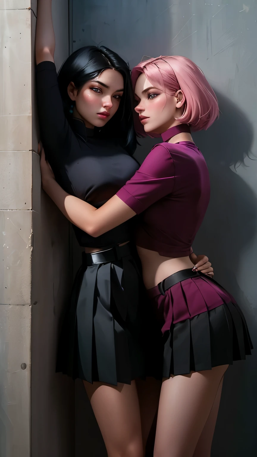 In an intimate and NSFW moment, the two eighteen-year-old girls found themselves pressed against each other, their bodies close enough to feel the heat radiating between them. One girl with waist long black hair was pinned against the wall, her arms raised above her head, surrendering to the other's touch. The other girl with short pink hair held her waist, her hand sneaking under the skirt, their gazes locked deeply into each other's eyes. With seductive expressions playing on their faces, they explored this forbidden moment, their hearts racing with desire. Both girls wear pleated 