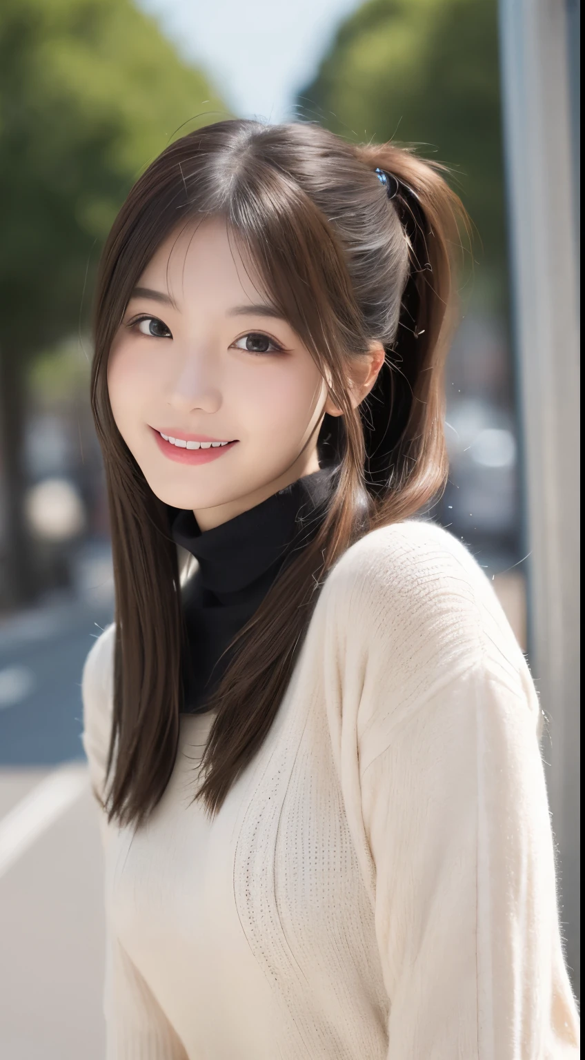table top, highest quality, figure, super detailed, finely, High resolution, 8k wallpaper, 完璧なダイナミックな構figure, detailed and beautiful eyes, Women's Fashion Spring、medium hair,small breasts natural color lip,smile,Harajuku、20 year old girl、cute、sexy shot looking at camera,turtleneck、ponytail
