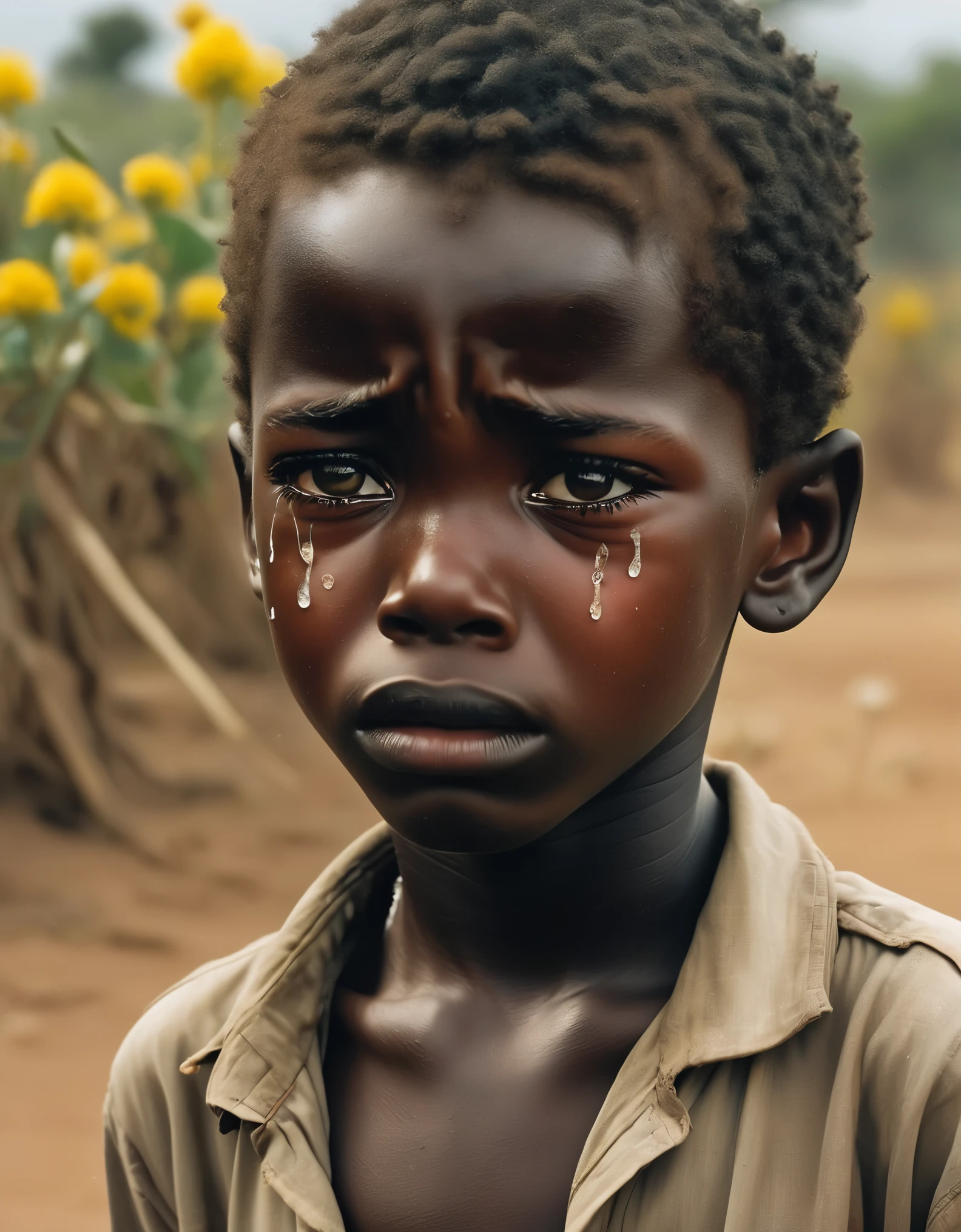 Production: (Best quality, 4k, high-level, masterpiece: 1.2), (African boy refugee boy with tears streaming down his face: 1.3), crying, severely malnourished, protruding ribs, sunken face, eyes full of fear and countless tears, naked, depicting the most despicable scene on the African continent, subverting people's cognition in the most straightforward way. In 1993, Sudan fell into a terrible crisis, with yellow weeds and scattered bones growing on the barren land. South African photographer Kevin Carter.