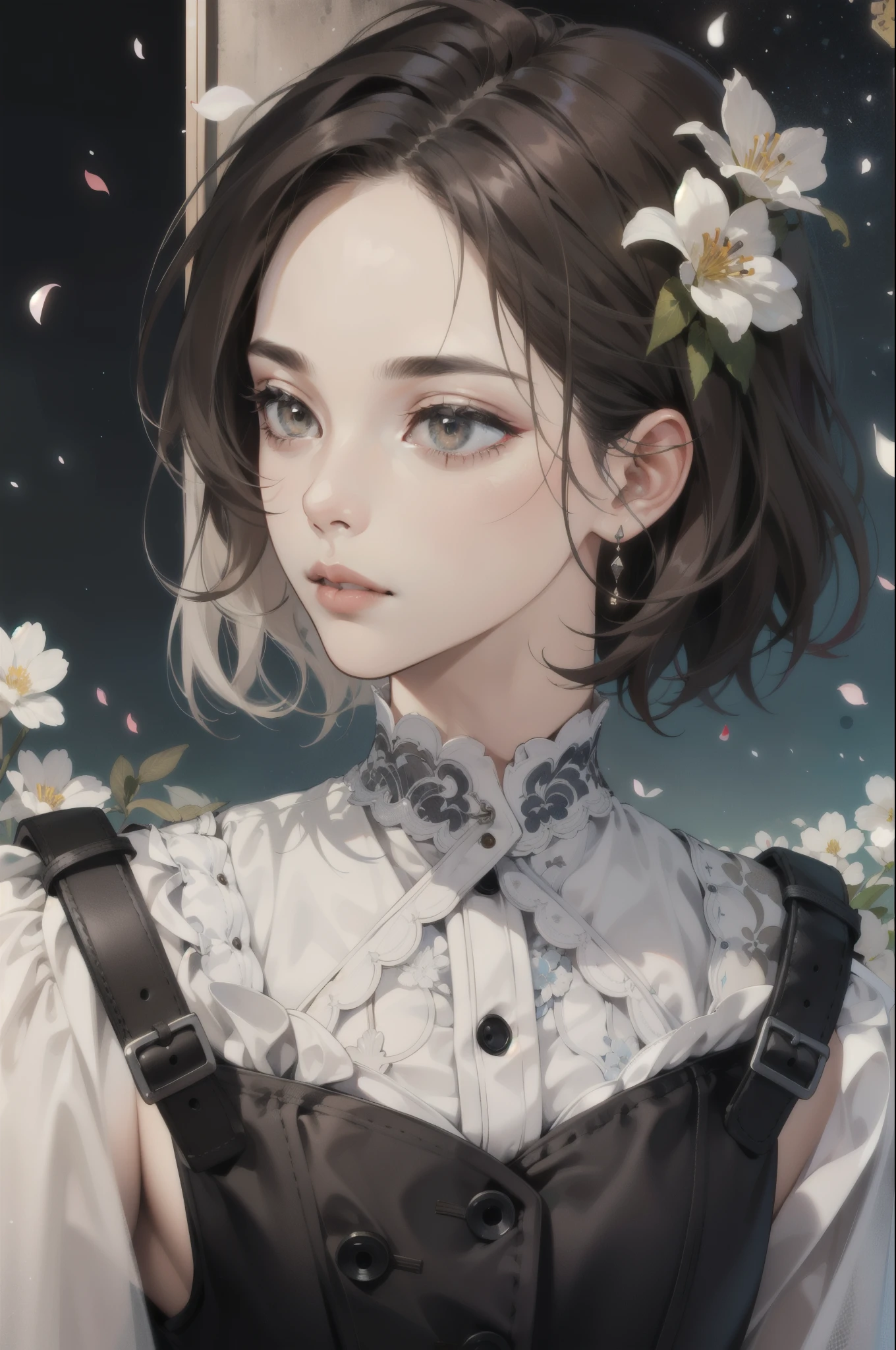 (absurdres, highres, ultra detailed), 1boy, mature male, brown hair, short hair, blunt bangs, brown eyes, white tee and black oversized flannels , finely detailed eyes and detailed face, extremely detailed CG unity 8k wallpaper, intricate details, BREAK , kaleidoscopic imagery, symmetrical patterns, vibrant colors, geometric shapes, mesmerizing designs, optical illusions, dynamic composition BREAK , pantomime art, expressive body language, silent storytelling, evocative gestures, visual narratives, theatrical performances BREAK , blooming flowers, colorful petals, fragrant scents, nature's bounty, vibrant gardens, peaceful scenery