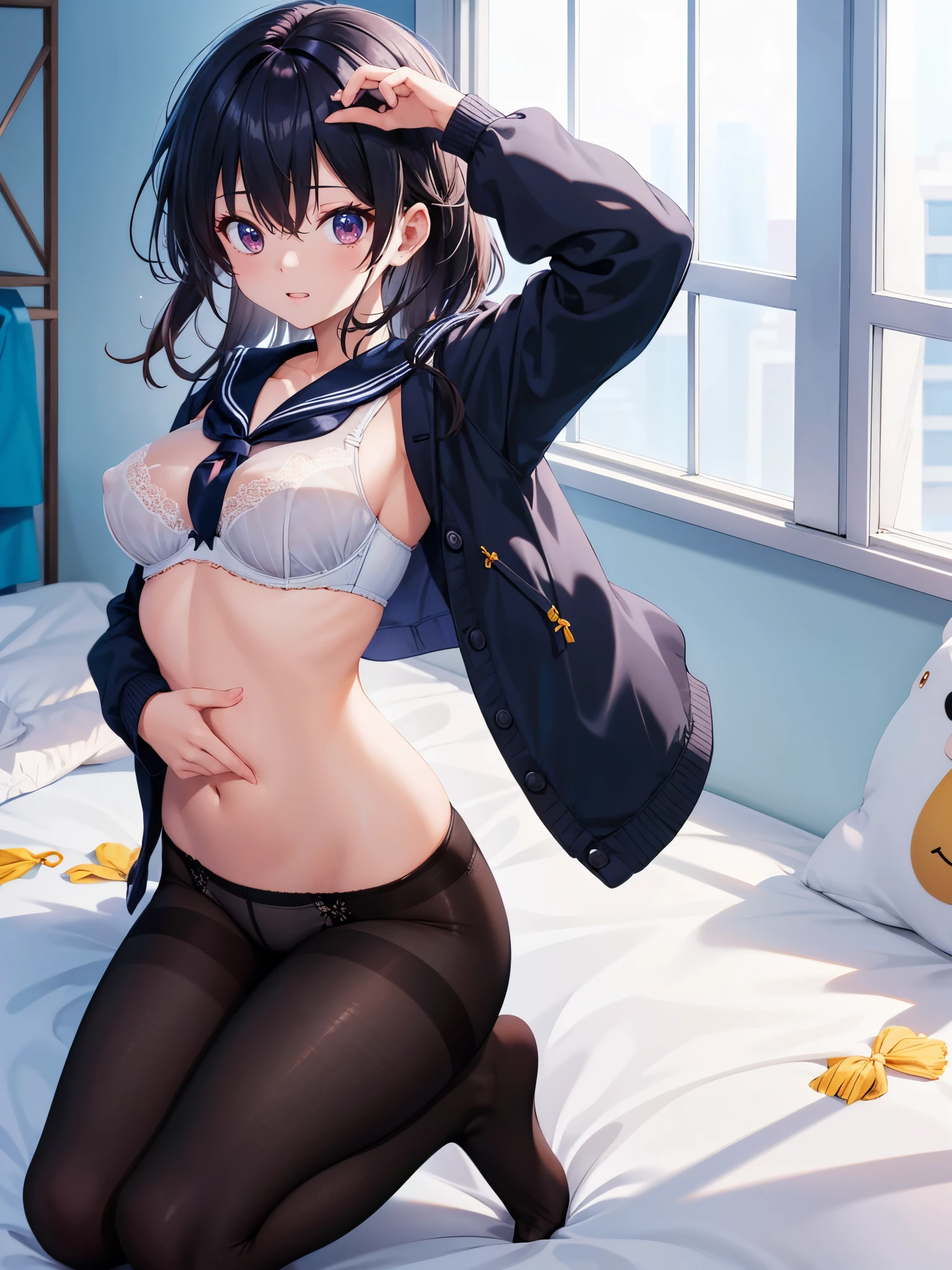 (1 girl),(high quality), (High resolution), (very detailed), (8k),(CG)、sailor suit、shirt、(cute bra:1.1)、cute panties、(black pantyhose)、(nipple shape)、(I don't have shoes)、daylight white lighting,sexy pose、show panties、fantasy world、messy hair