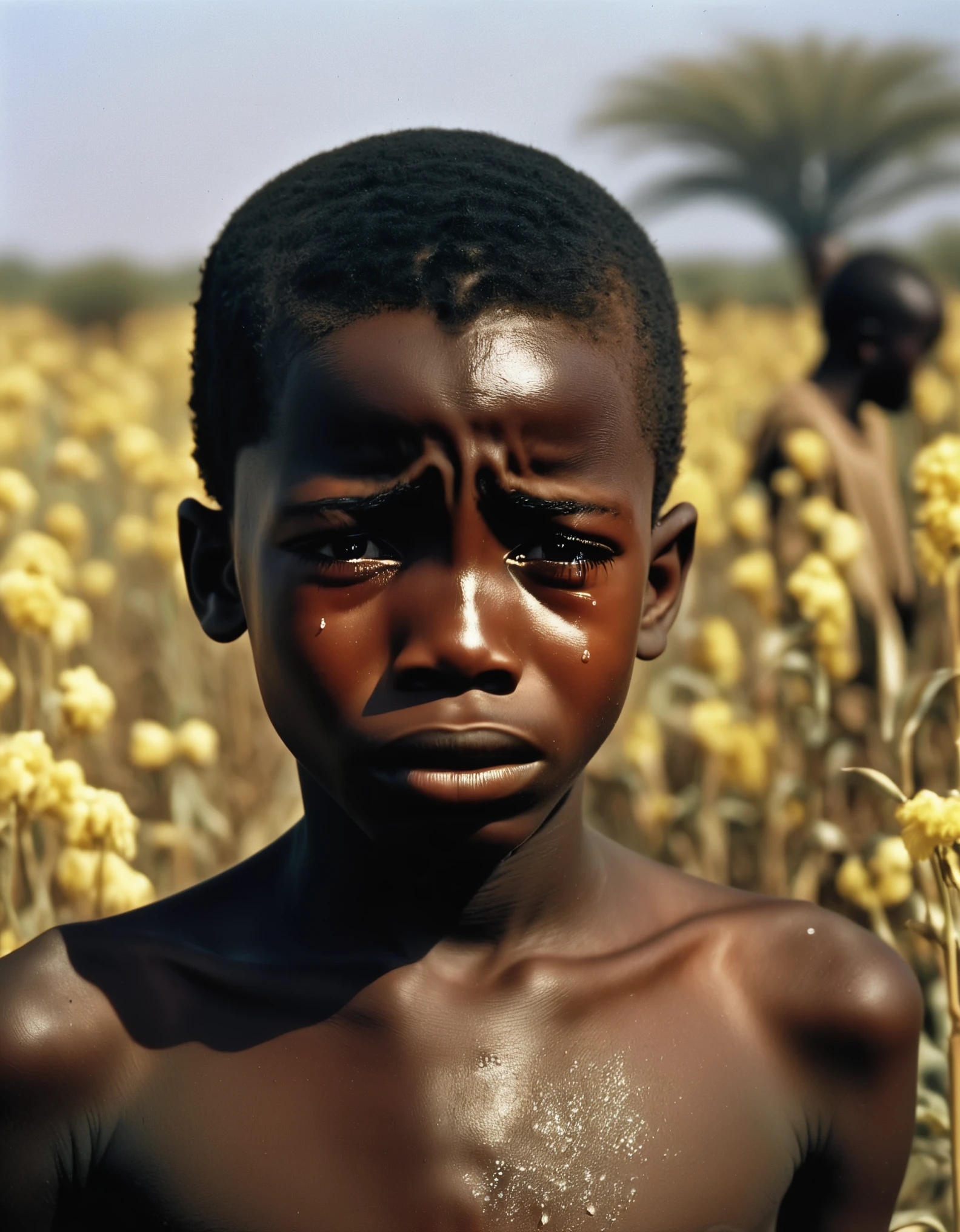 Output: (best quality,4k,highres,masterpiece:1.2), African boy refugee, burst into tears，heavily malnourished, protruding ribs, sunken face, eyes filled with fear and countless tears, completely naked, depicting the most desperate scene in the African continent, subverting people's perception in the most straightforward way. In 1993, Sudan fell into a terrifying crisis, where the barren land was covered with yellowing weeds and scattered bones. South African photographer Kevin Carter.