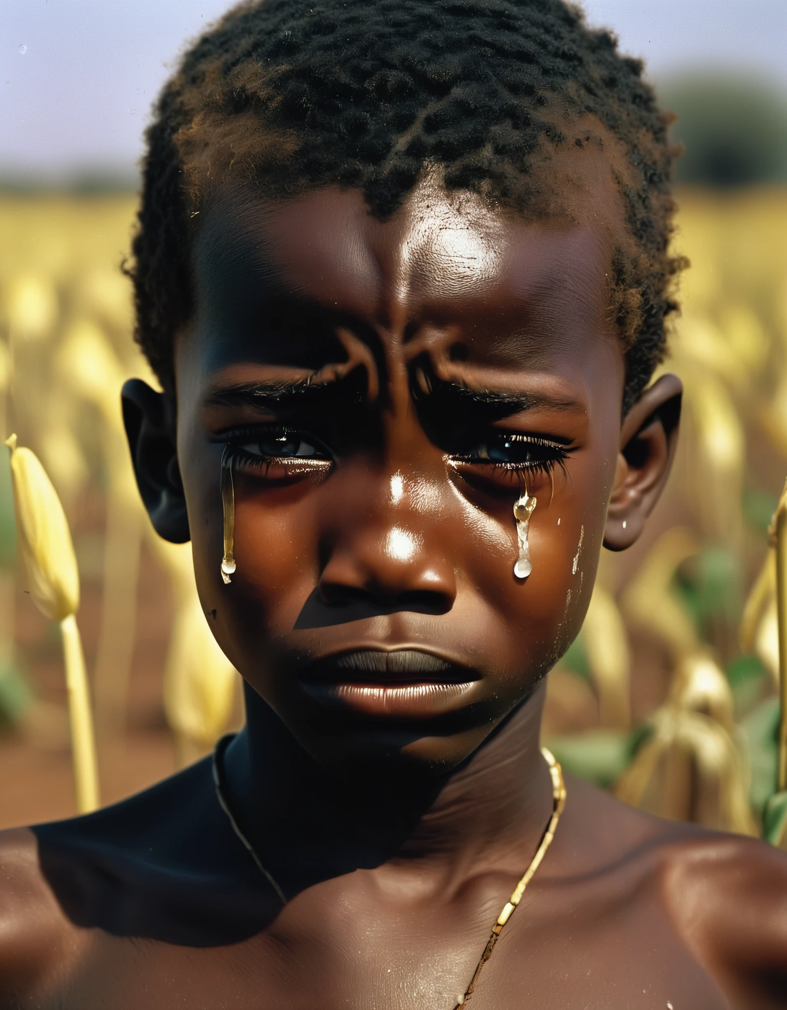 Output: (best quality,4k,highres,masterpiece:1.2), African boy refugee, burst into tears,heavily malnourished, protruding ribs, sunken face, eyes filled with fear and countless tears, completely naked, depicting the most desperate scene in the African continent, subverting people's perception in the most straightforward way. In 1993, Sudan fell into a terrifying crisis, where the barren land was covered with yellowing weeds and scattered bones. South African photographer Kevin Carter.