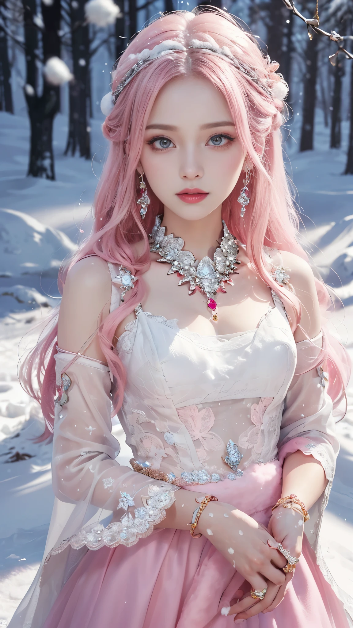 bada wala , 8k, masterpiece, 1 girl, beautiful face, very long hair, light makeup, detailed eyes, detailed lips, small bust, winter dress, pink dress, (wearing jewellery:1.8), (pink lace:1.4), ((snow falling:1.4)), attractive poses, 