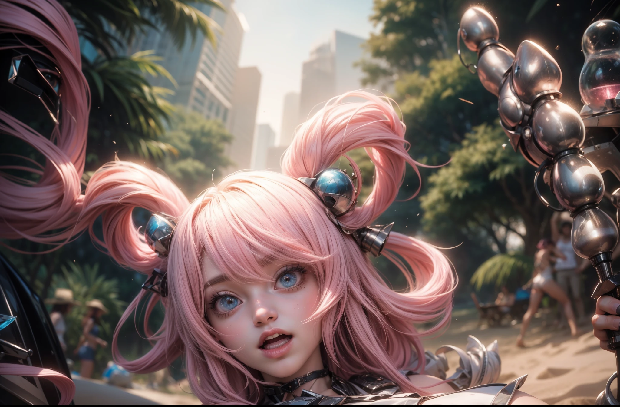 <lora:DI_belle_delphine_v1:1> pink hair,
long hair, cat ears, closeup face, freckles, pink eyes, 
 <lora:CyberpunkStyleV1:1> PunkAI,