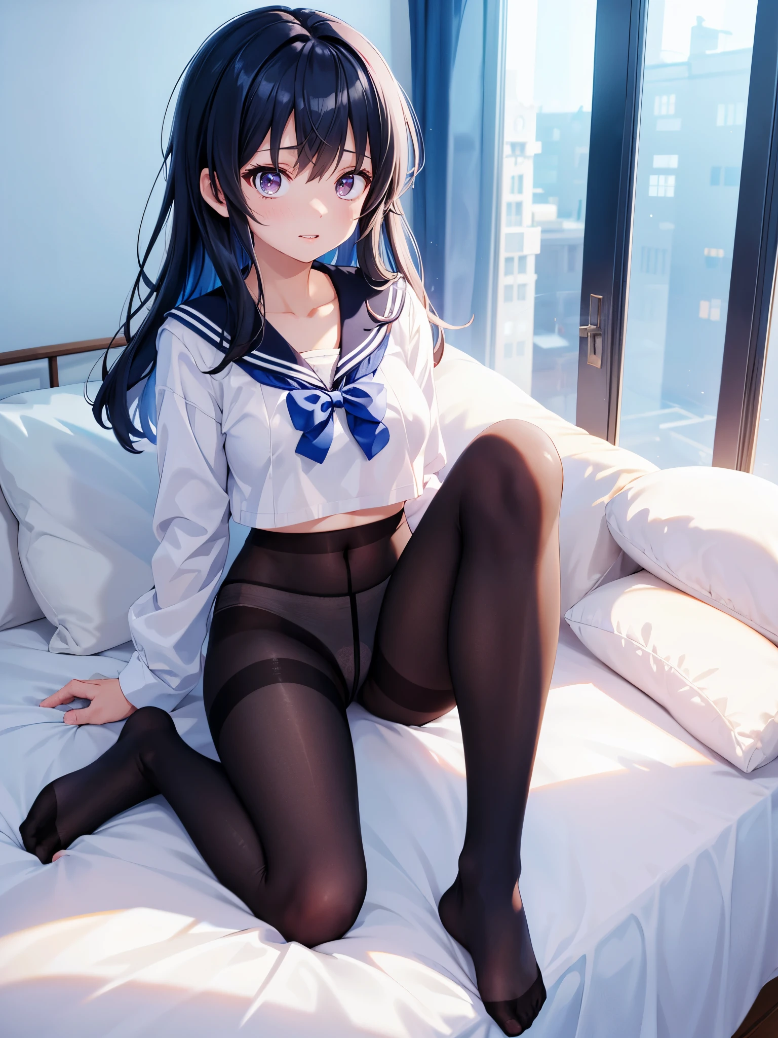 (1 girl),(high quality), (High resolution), (very detailed), (8k),(CG)、sailor suit、shirt、(cute bra:1.1)、cute panties、(black pantyhose)、(nipple shape)、(I don't have shoes)、daylight white lighting,sexy pose、show panties、fantasy world、messy hair