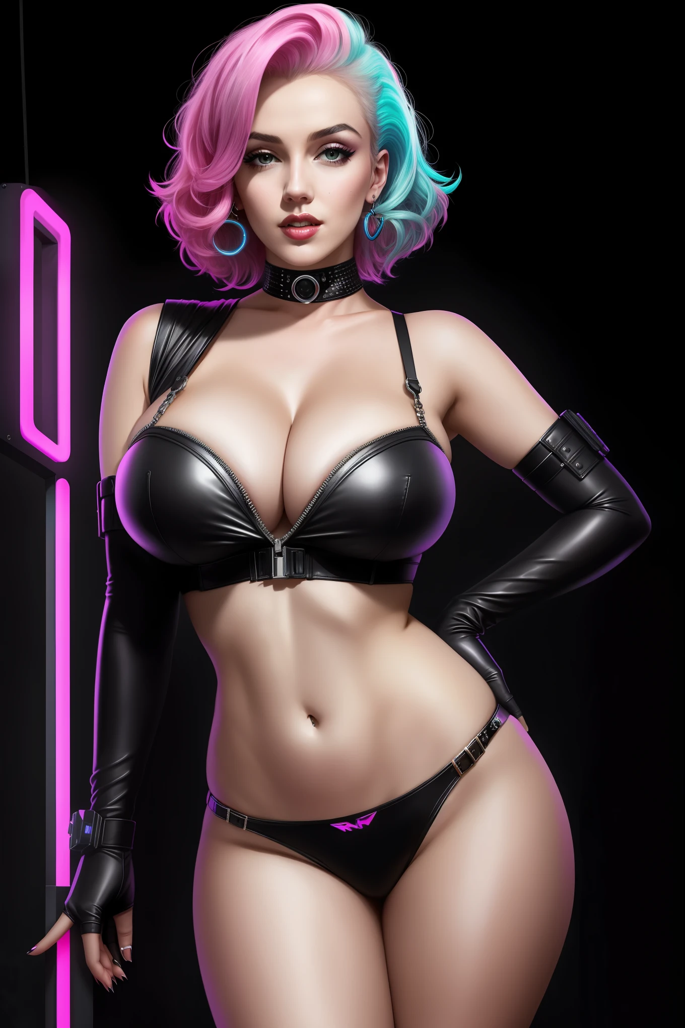 there  Marilyn Monroe standing, neon hair, 3 d neon art of a womans body, neon-noir background, cyberpunk femme fatale, seductive cyberpunk dark fantasy, cyberpunk strip clubs, cyberpunk 20 y. o model girl, oppai cyberpunk, banner, high definition cgsociety, cgsociety masterpiece, trending on cgstation, kda, random hair, looking at camera, gigantic breasts, cleavage, (high detailed skin:1.2), 8k uhd, dslr, super lighting, high quality, film grain, high res, highly detailed, hyper realistic, beautiful face, beautiful body, beautiful eyes nose lips, alluring expression, very bold, upper  visible, full body photo, standing legs apart, pale translucent glowing skin, most beautiful face, cute, (well defined pubic hair:1.2)), (dark plain black background:1.4))