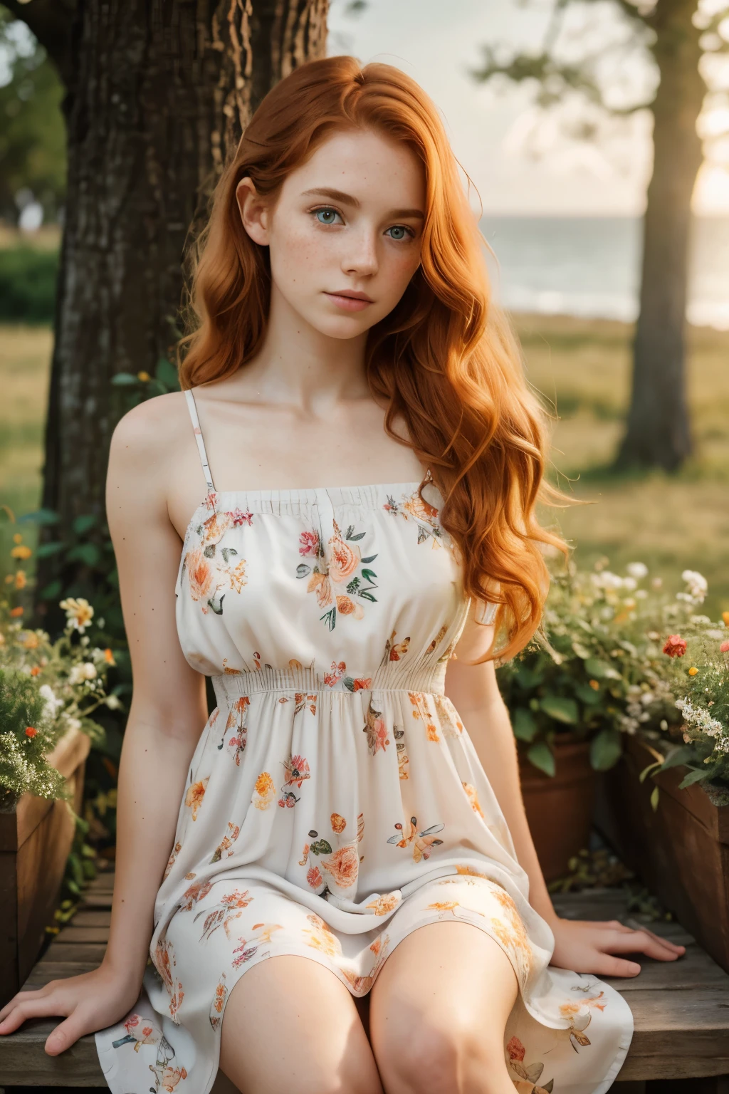 1 girl,  24, lifting up her colorful floral pattern sundress, complex details, hyperdetailed, aesthetic artwork, irish redhead, wavy ginger hair, shoulder length hair, grey eyes, some small freckles, pale skin, (textured skin, skin pores:0.7), (moles:0.5), imperfect skin, goosebumps, sitting down with open legs, (extremely detailed 8k wallpaper), soft lighting, high quality, film grain, Fujifilm XT3 sharp focus, f 5.6, 50mm, High Detail, Sharp focus, (natural light)