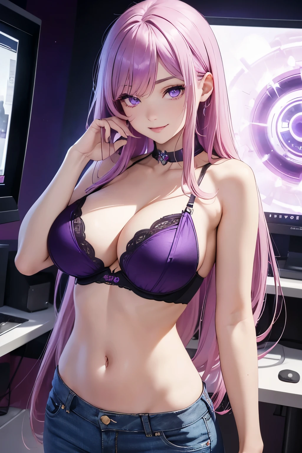 1girl (masterpiece, round_iris, extremely crisp crystalline shiny purple eyes, perfect_anatomy, extremely_captivating_hypnotic_mystic_eyes, ) perfect face, long pink hair, smiling evil, big breasts, wearing jeans, bra, gamer girl, gaming room, dynamic pose, best quality, 4k