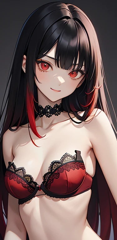 (8K、highest quality、masterpiece:1.2)、anime coloring、super resolution、Realistic、(1girl) 、(black hair to red hair gradient hair,long straight hair:1.5)、(contrapposto),(red eye,glowing eyes:1.3),(forehead:1.2),(face focus,upper body:1.5),(strapless black lace bra:1.5,black panties :1.3)、(light smile:1.3),(cute face)、,(flat chest),gradient background、(slender:1.3)、