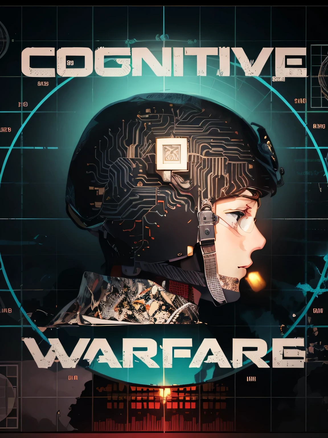 Close-up of male soldier's head,There is a circuit in the middle, warfare, warcore, warpgate, war, cyber war, negative, army industrial complex, biomachine war against humanity, fighting, brain, digital, know, cognitohazard, company, army, war theme, album, intelligence, box art, ingenious,