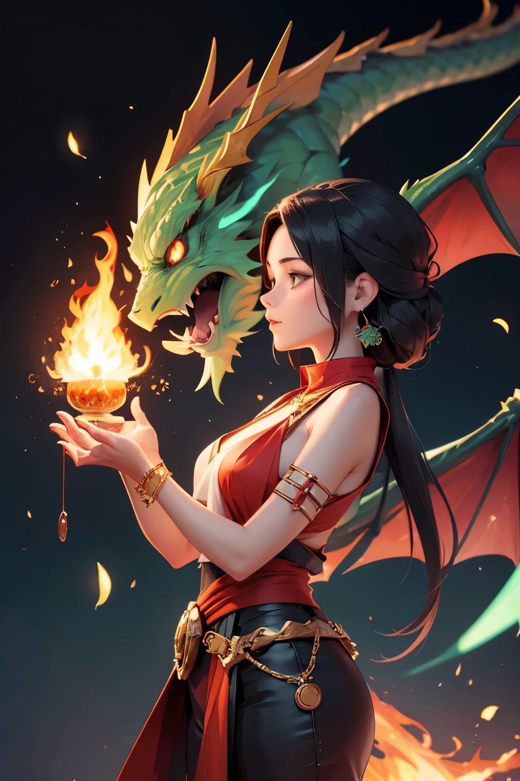 Green dragon with flaming wings exhales fire flying and maiden. The Flaming Dragon breathes fire, volcanes, respirando fuego. energy elements, aura, Onda, particles, and harmony.