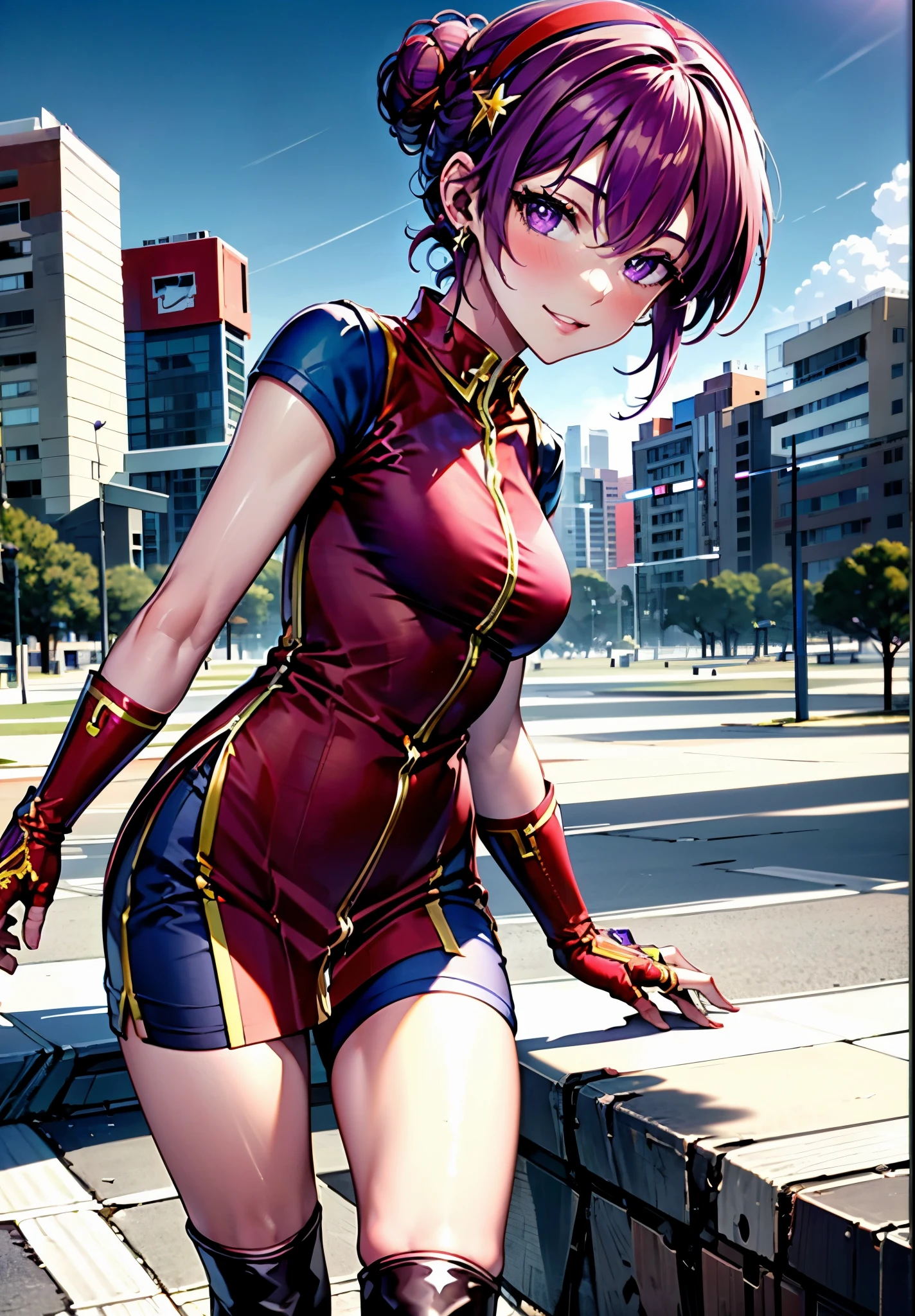 (masterpiece), (highest quality), (Super detailed), intricate details, athena 97, 1 girl, alone, purple eyes, purple hair, short hair, bun hair,white earrings, red hair band, star hair ornament, Medium breath,  purple spherical necklace, red fingerless gloves, red cheongsam ,shorts, short boots,(outdoor), photo shoot, smile, blush, Sunny, NSFW, cowboy shot, blurred background, street background,