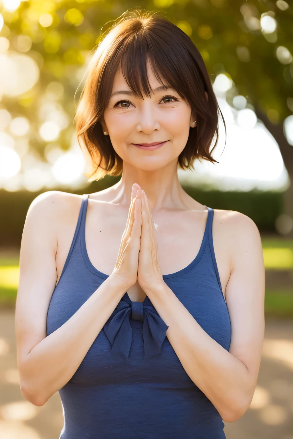 1 girl, mature woman, yoga, bow, photograph, realistic, highest quality, hire, detailed face, detailed background, diffused sunlight, Depth of the bounds written, Bokeh