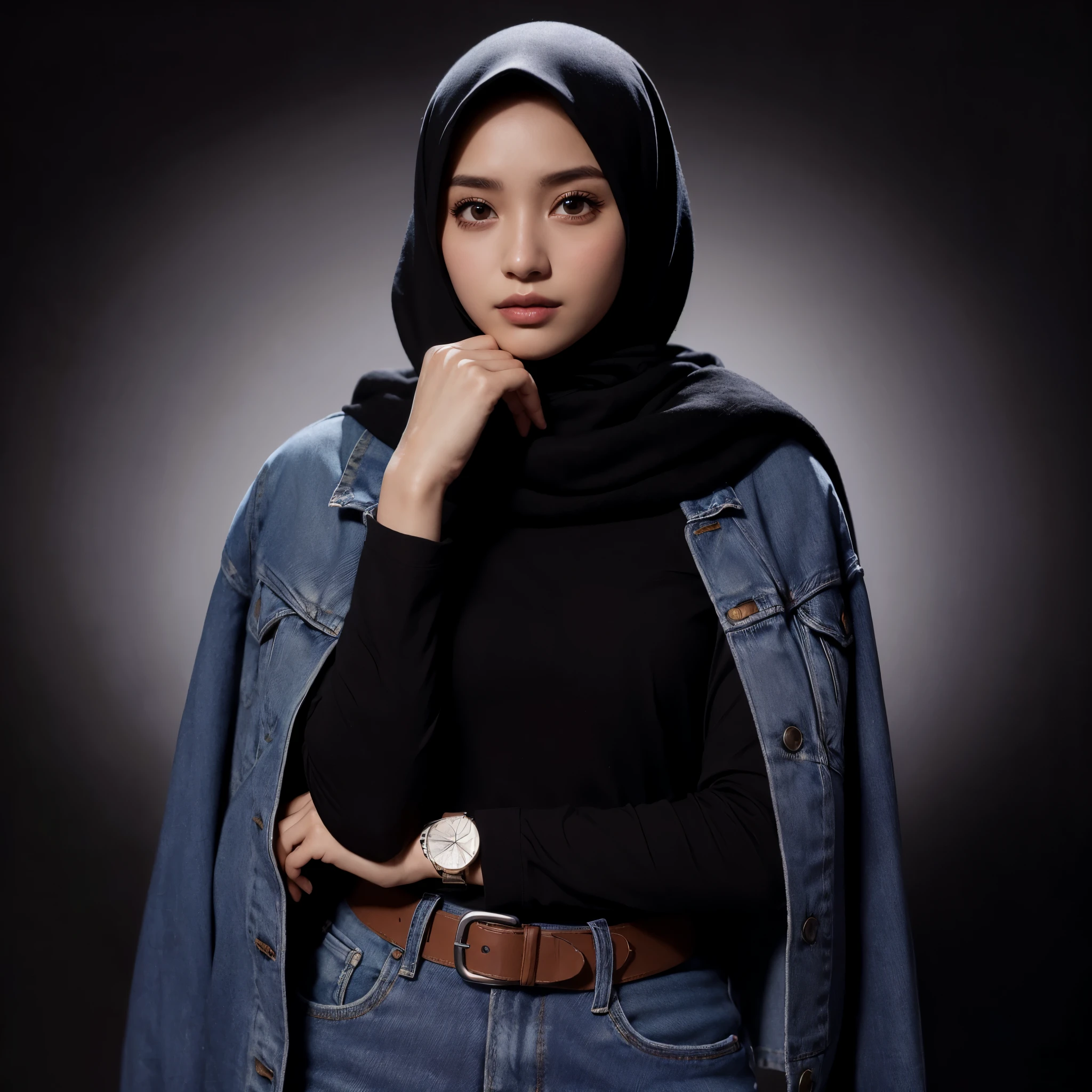 arafed woman in a black top and a denim jacket, casual pose, inspired by Rudy Siswanto, hijab, shot on canon eos r5, shot on canon eos r 5, realism artstyle,