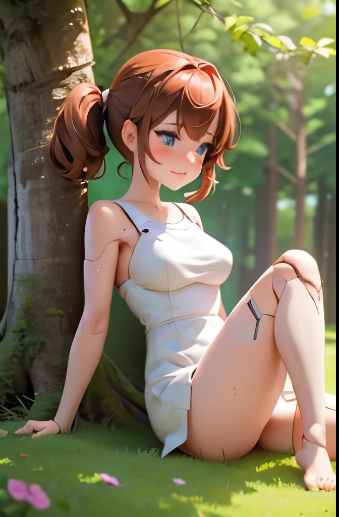 A Female robot is sleeping in forest, spread legs, nude, banzai pose. she wears no dress. She Brown short hair is tied with two big red clothespins, She lifts up the under hem of her white plain dress, leaning over, masterpiece, very short pigtails,brown hair, mature, android, blue eyes, full body figure, Height: 160cm, flushed cheeks, 2020s anime picture, A beautiful robot with short brown hair in two short pigtails held up by two very large huge red clothespins, Uplifting, No NSFW, whole body, barefoot, archaic smile, getting orgasm, 25 years old, sweat bucket, in Obstetrics.