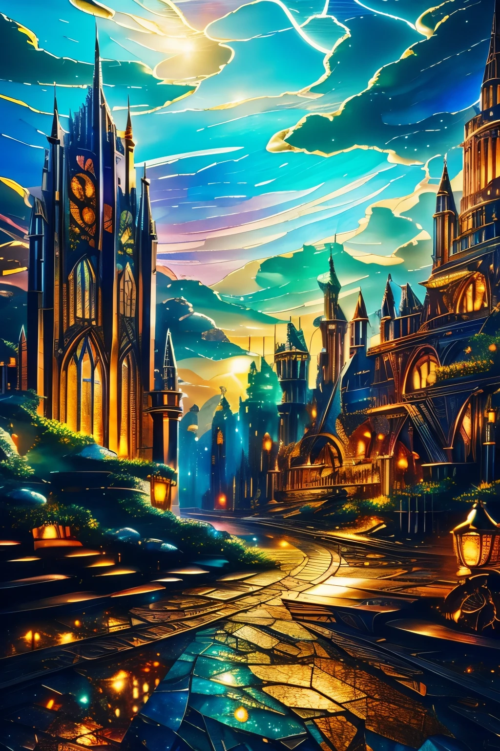 best quality, 8k, incredibly absurdres, extremely detailed, atlantis, stained glass-like image made of finely crushed shining metals plated AND shining colorful gems, steampunk, dieselpunk, clockpunk, blend art, mixture art, fractal art, art design, motion-blur, action-lines, speed-lines, wind, wind-effect, BREAK , background watercolor style with gear shape in iridescent
