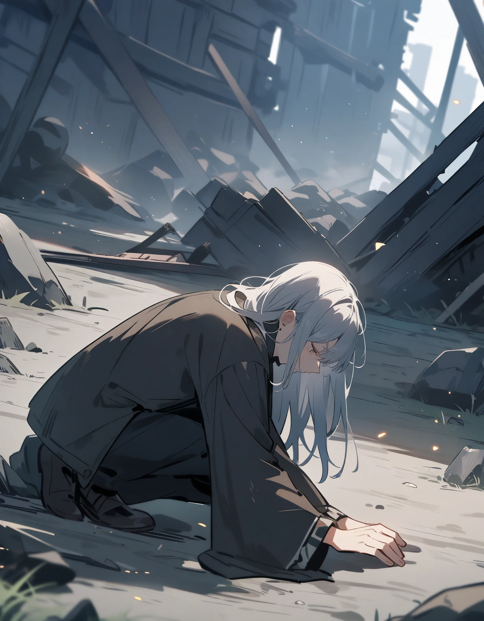 War Field，(((a boy，Crouch on the ground and cry)))，Next to it are ruins,sad atmosphere