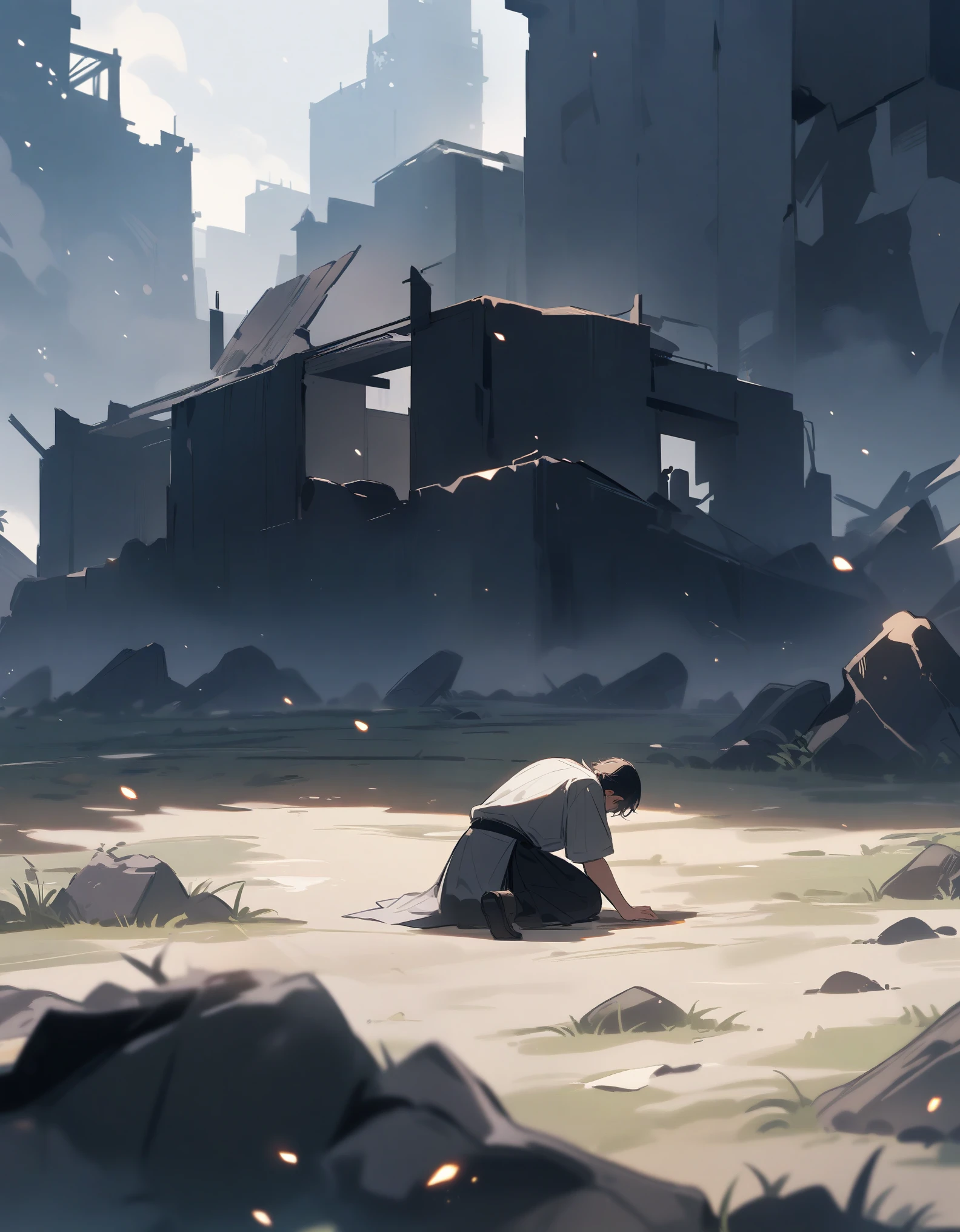 War Field，(((a boy，Crouch on the ground and cry)))，Next to it are ruins,sad atmosphere