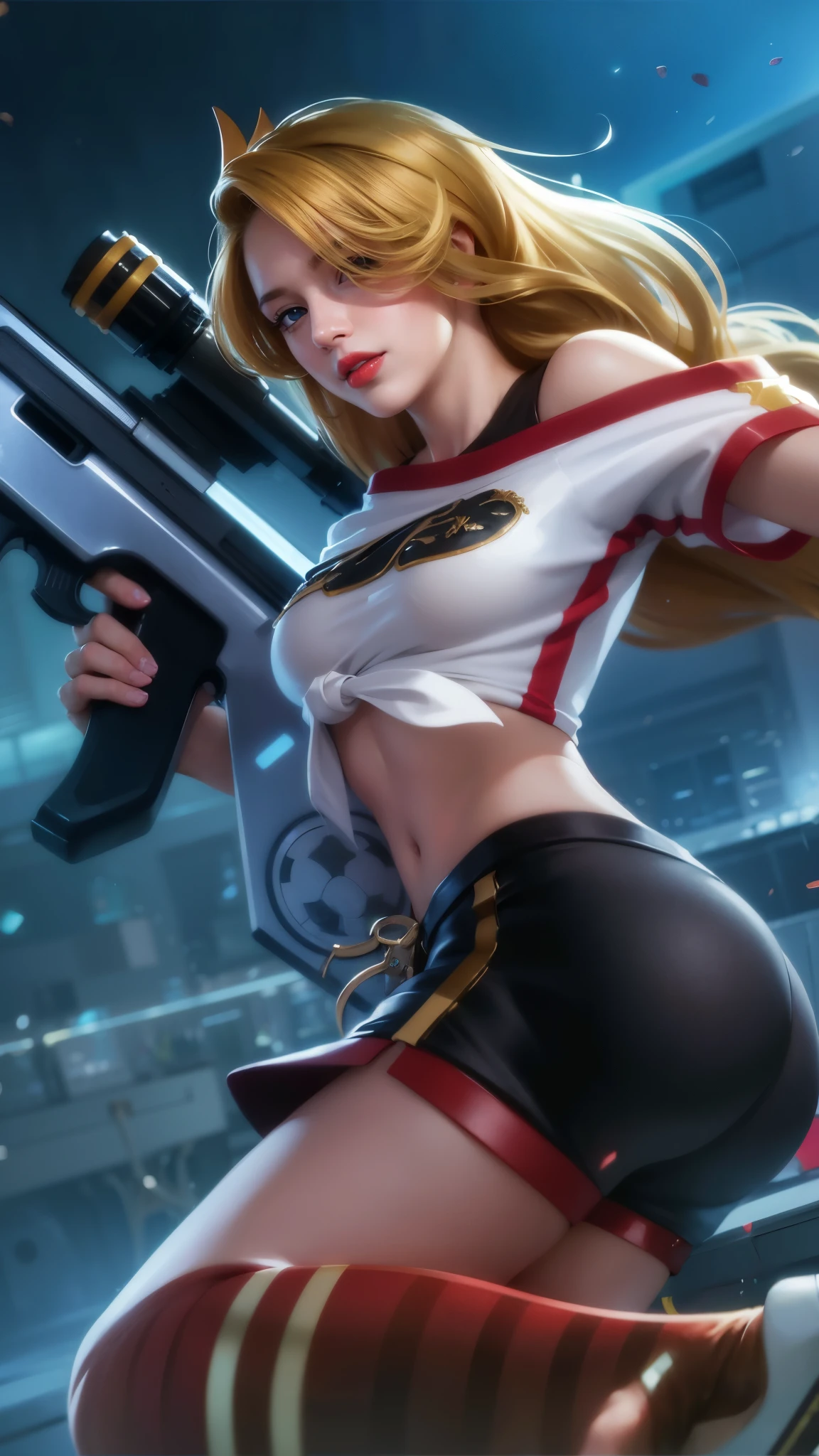 a close up of a woman with a gun in her hand, blonde long hair, red lips glossy, 8k, ultra hd, ultra detailed texture, hyper realistic, masterpiece, detailed texture, detailed face, detailed skin, detailed lighting, (photorealistic:1.5), best quality, beautiful lighting, cinematic lighting, professional lighting, ultra highres, realistic, detailed hair, real hair, high quality, (realskin:1.5), extremely detailed, finely detail, ultra-detailed, blue eyes.