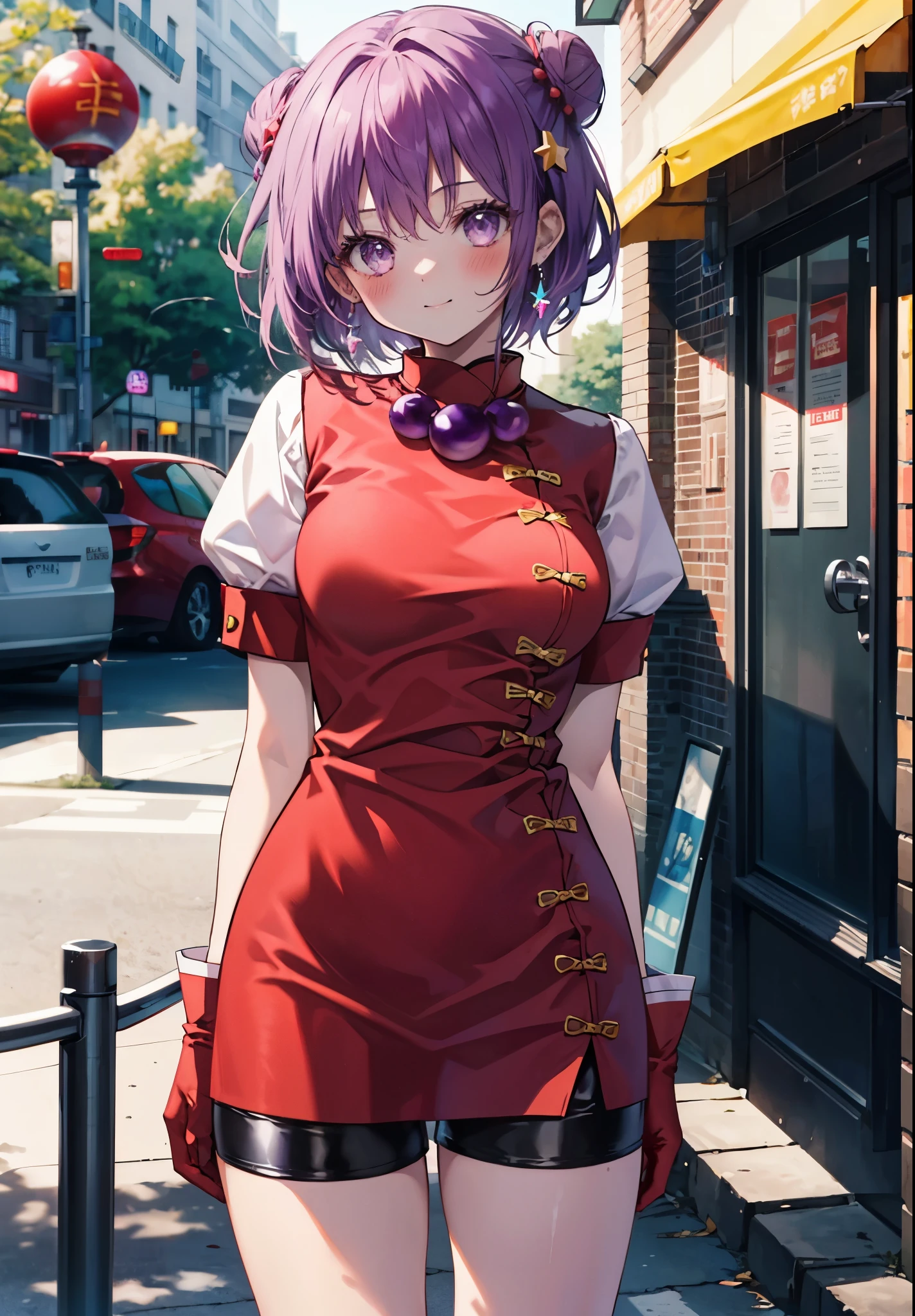 (masterpiece), (highest quality), (Super detailed), intricate details, athena 97, 1 girl, alone, purple eyes, purple hair, short hair, bun hair,white earrings, red hair band, star hair ornament, Medium breath,  purple spherical necklace, red fingerless gloves, red cheongsam ,shorts, short boots,(outdoor), photo shoot, smile, blush, Sunny, NSFW, cowboy shot, blurred background, street background,