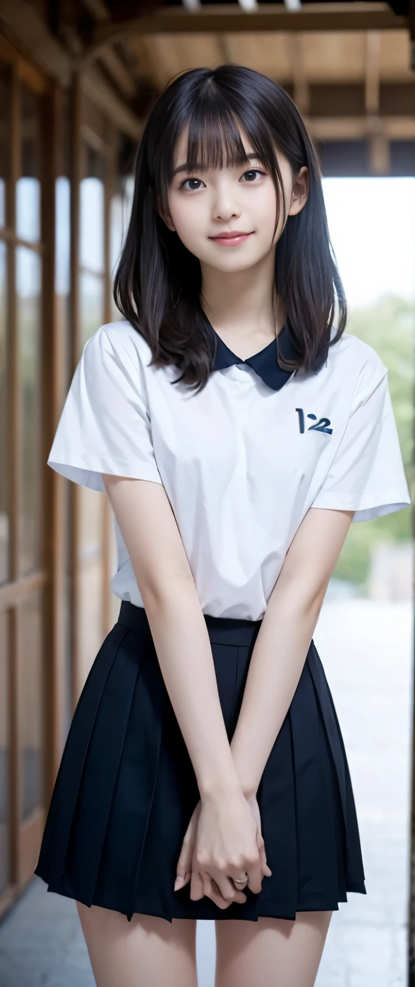 (masterpiece, highest quality:1.2), 8K, 12才のfull nudeの女の子, 85mm,Official AR RAW photo, スーパースリムなスレンダーbeautiful girl, (When I lift up my short navy blue skirt、下Half bodyfull nude、short sleeveの白シャツ、show me your ears、naked girl photo shoot、full nude, cute face, close, Half body, biolace, gardenia, beautiful girl, , thighs, short sleeve, stand on the station platform, looking at the viewer, no makeup, (big smile), film grain, chromatic aberration, sharp focus, face light, clear lighting, Ten generations, detailed face, background bokeh, (dark red tie:1.1)、((((((12 year old girl))))))、((((((12才のfull nude女子高生)))))、thin waist