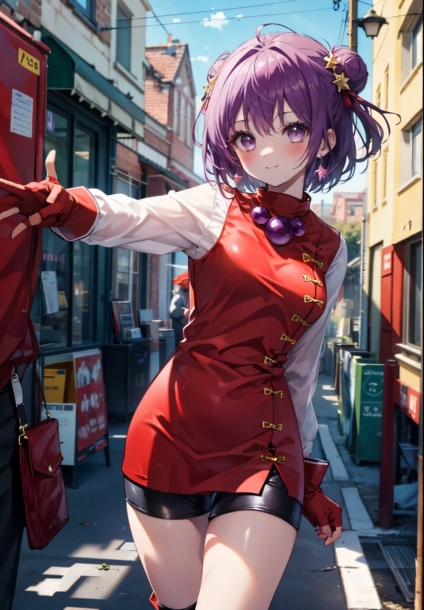 (masterpiece), (highest quality), (Super detailed), intricate details, athena 97, 1 girl, alone, purple eyes, purple hair, short hair, bun hair,white earrings, red hair band, star hair ornament, Medium breath,  purple spherical necklace, red fingerless gloves, red cheongsam ,shorts, short boots,(outdoor), photo shoot, smile, blush, Sunny, NSFW, cowboy shot, blurred background, street background,