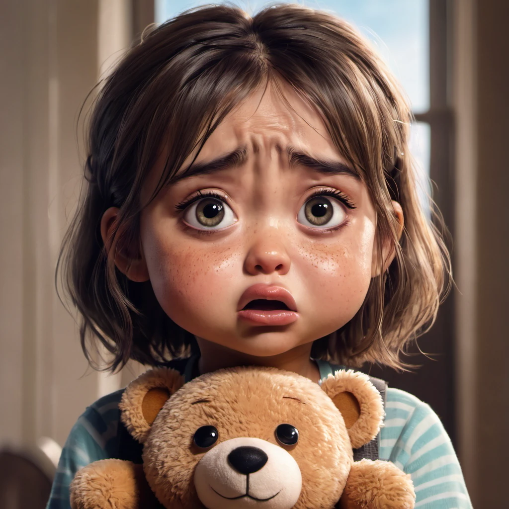 A is mad, she is sobbing, cartoonishly over exaggerated sobbing, puffy cheeks, puffy eyes, tears shooting out like little streams of water, holding her teddy bear
