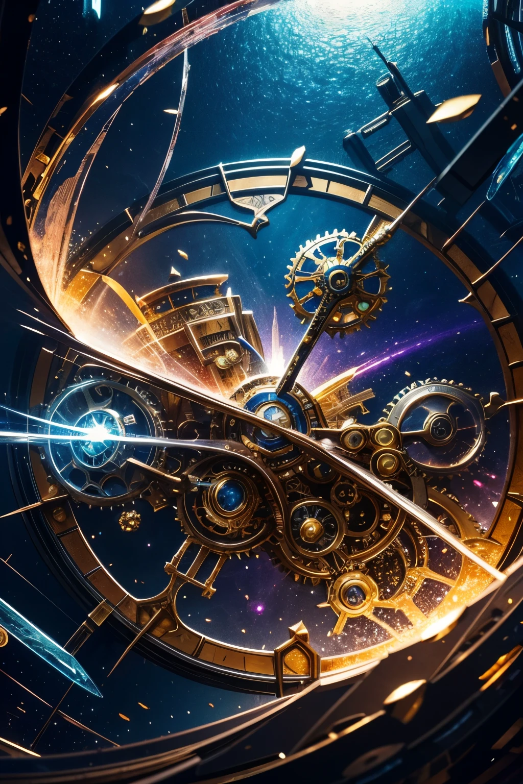 best quality, 8k, incredibly absurdres, extremely detailed, atlantis, stained glass-like image made of finely crushed shining metals plated AND shining colorful gems, steampunk, dieselpunk, clockpunk, blend art, mixture art, fractal art, art design, motion-blur, action-lines, speed-lines, wind, wind-effect, BREAK , background watercolor style with gear shape in iridescent