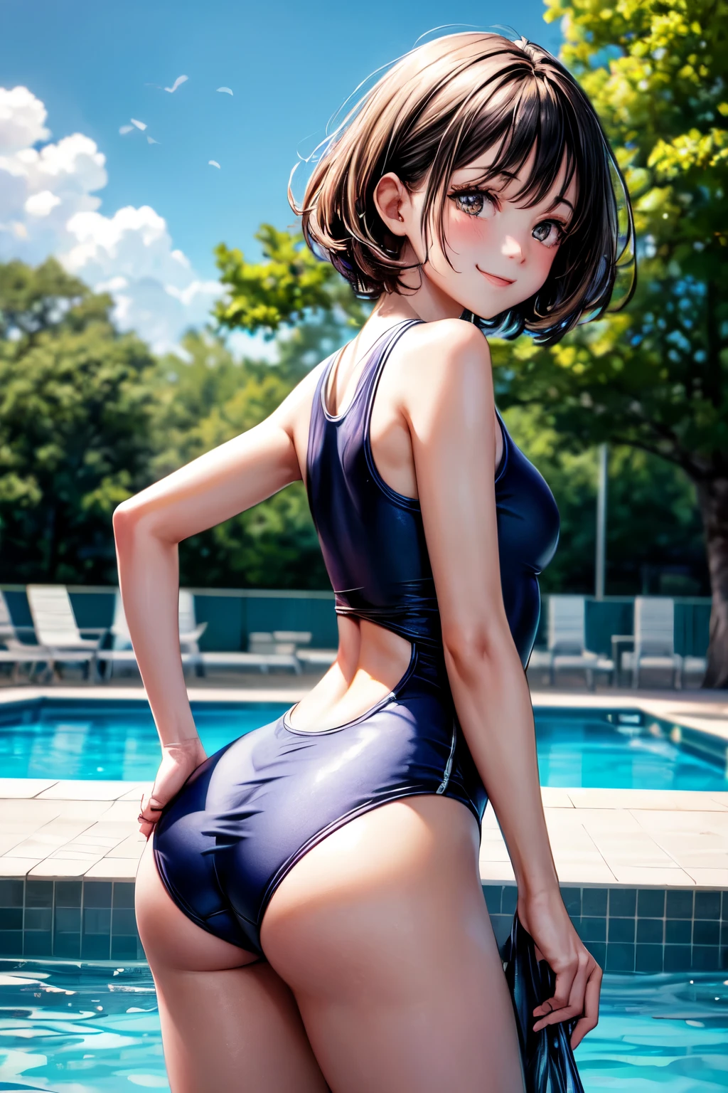 very cute and beautiful girl,(highly detailed beautiful face),blue school swimsuit,
standing,(from behind,looking back),leaning forward,pool side,tiny colorful flowers in grassland,
(smile),looking at viewer,black hair,cowboy shot,
(best quality,masterpiece:1.2),absurdres,highres,ultra-detailed,extremely detailed,32k,
cinematic scene,detailed background,solo,dynamic angle,
hair fluttering in the wind,beautiful detailed sky,