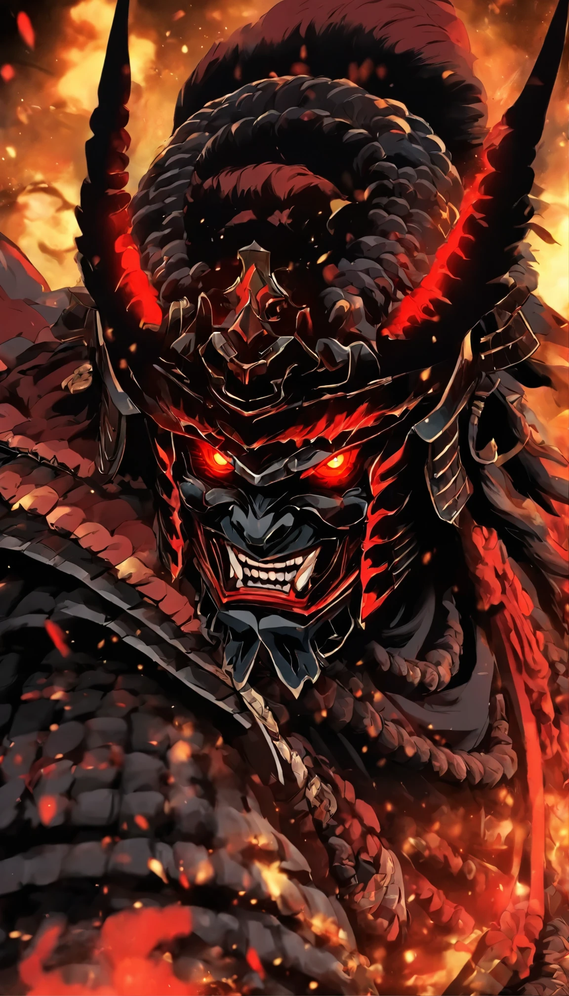 demons with bright red eyes,Use uma antiga armadura de shogun japonesa,The helmet is in combat position,Prepare to remove the blade