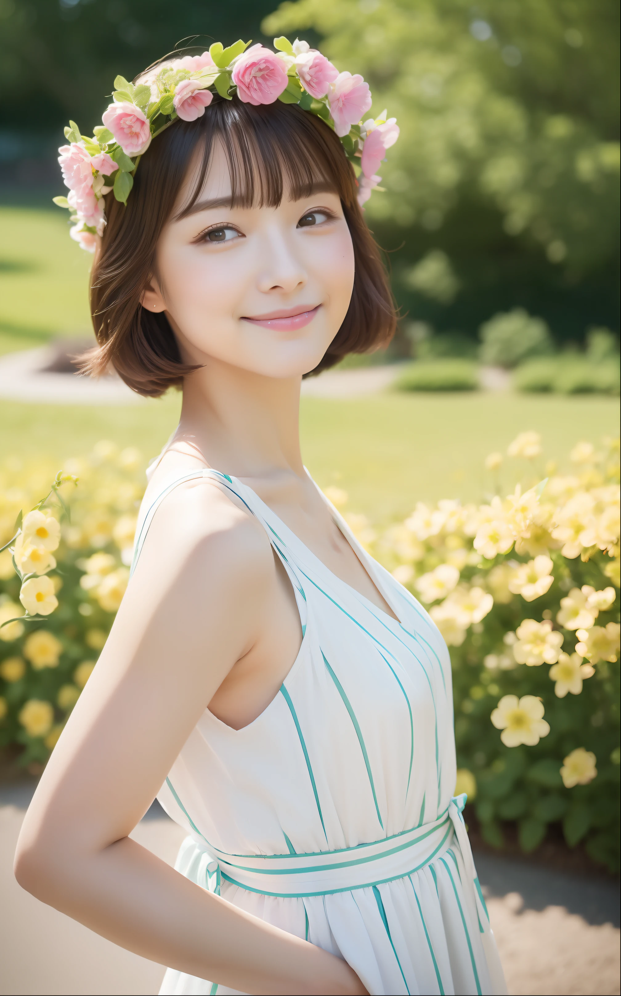 (top quality、8K、32k、Masterpiece)、Cute Japanese woman with short hair wearing flower crown in spring garden、beautiful face、outdoor、Wind、shiny skin、background blur